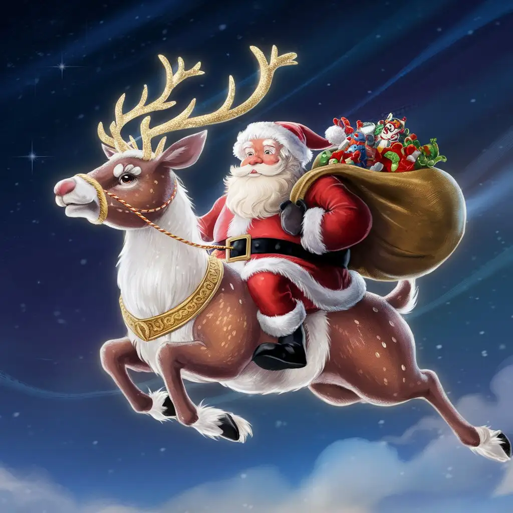 Santa, wie er auf einem glitzernden Flugrentier reitet, der ihn hoch in den Nachthimmel trägt, wo die Sterne seine einzigen Begleiter sind.