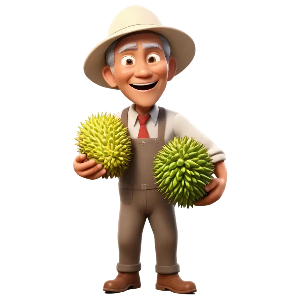 a 3d animated elderly asian farmer holding a durian