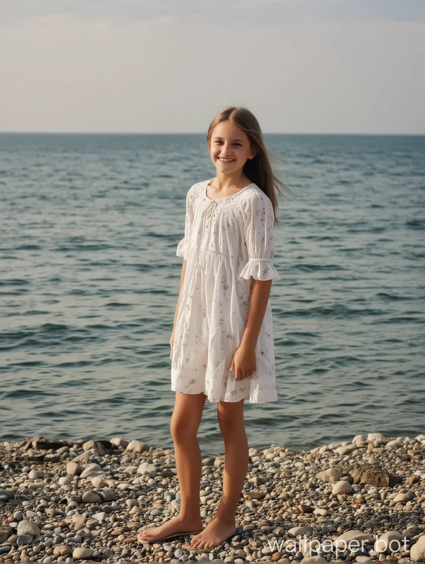 Crimea, view of the sea, 11-year-old girl, full height, smile, light short dress