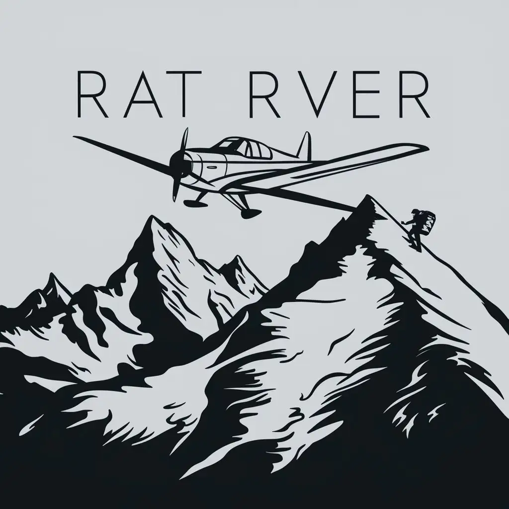 a logo design,with the text "RAT RIVER", main symbol:1930's prop plane (bellanca CH300) flying over a steep, rocky and snowy mountain range. A small character with a large pack can be seen beneath on the top slope of the main mountain.,Minimalistic,clear background