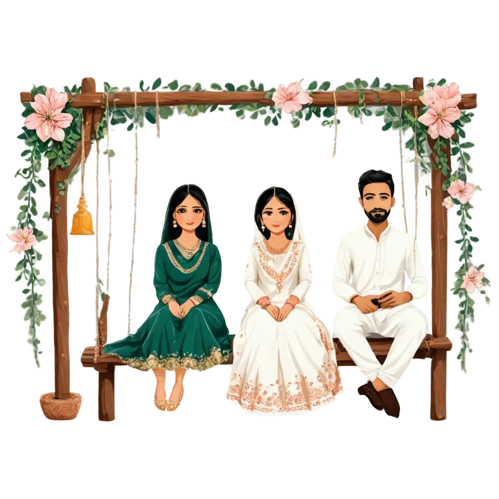 No face Pakistani mehandi caricature illustration of a mehandi bride in a full dark green dress and jewelry while groom wears white shalwar & kameez both sitting at a distance on a floral and wooden swing.