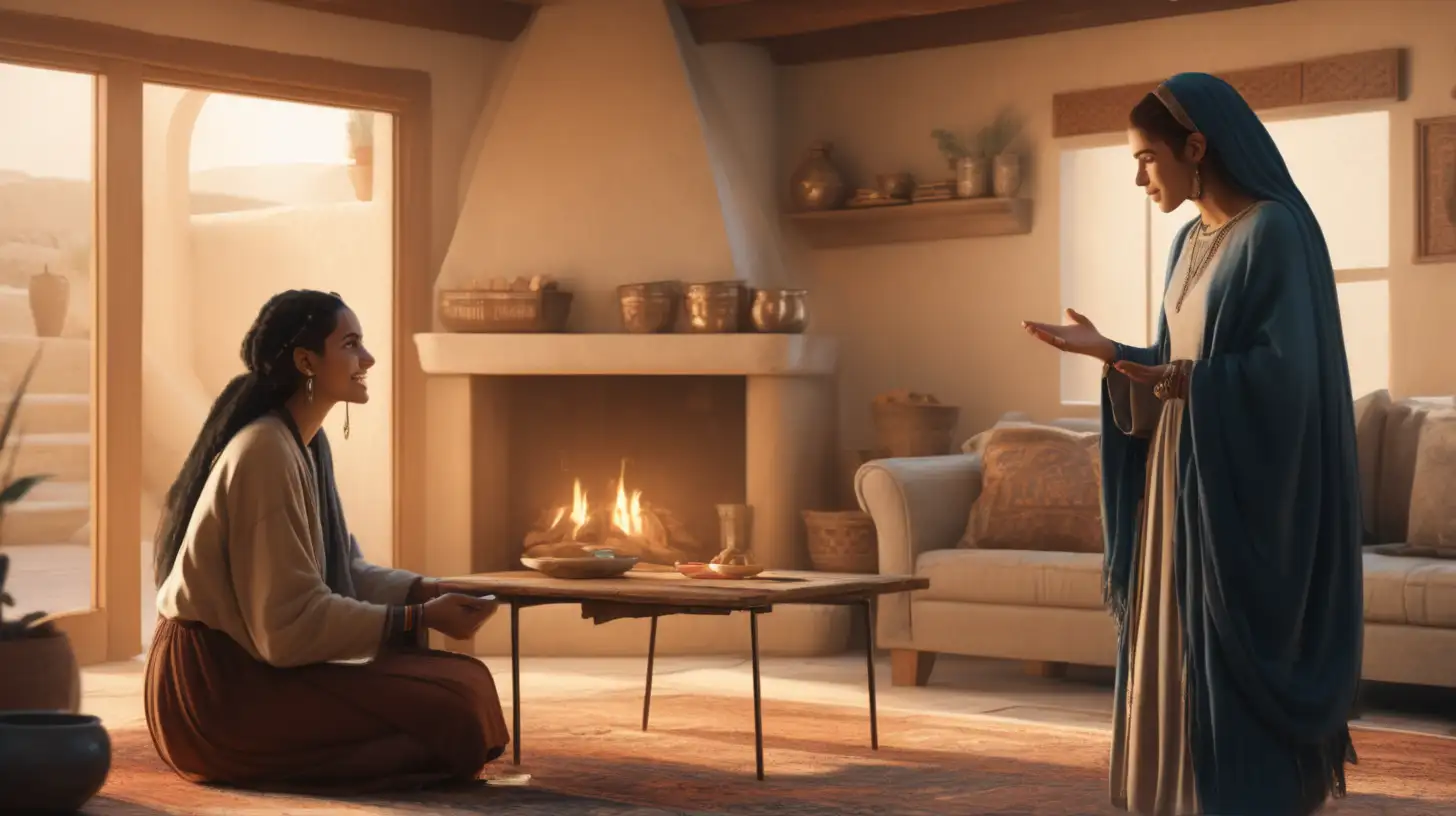Biblical Scene Intimate Conversation between Hebrew Women in a Warm Home Setting