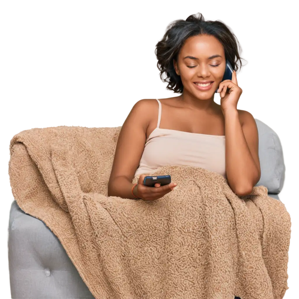 a beautiful Ugandian african lady laying on her bad using phone, while blanket is covering her body