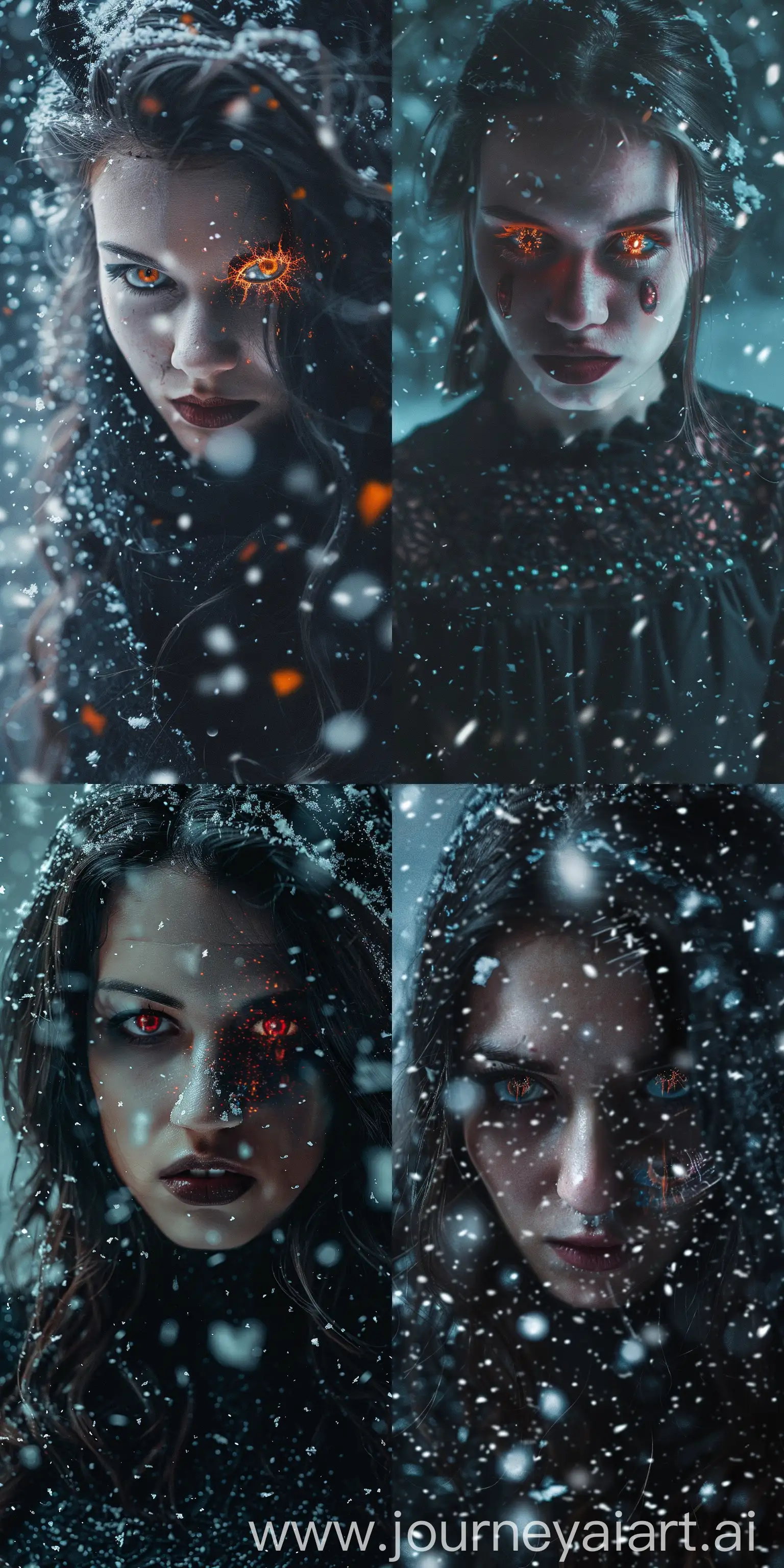 photography, a woman will transforming demon, will transforming demon, demon eyes, snow, night, creepy, scared, horrible, horror, aftereffects, sharp focus, high detail —ar 10:20 —style raw —v 6