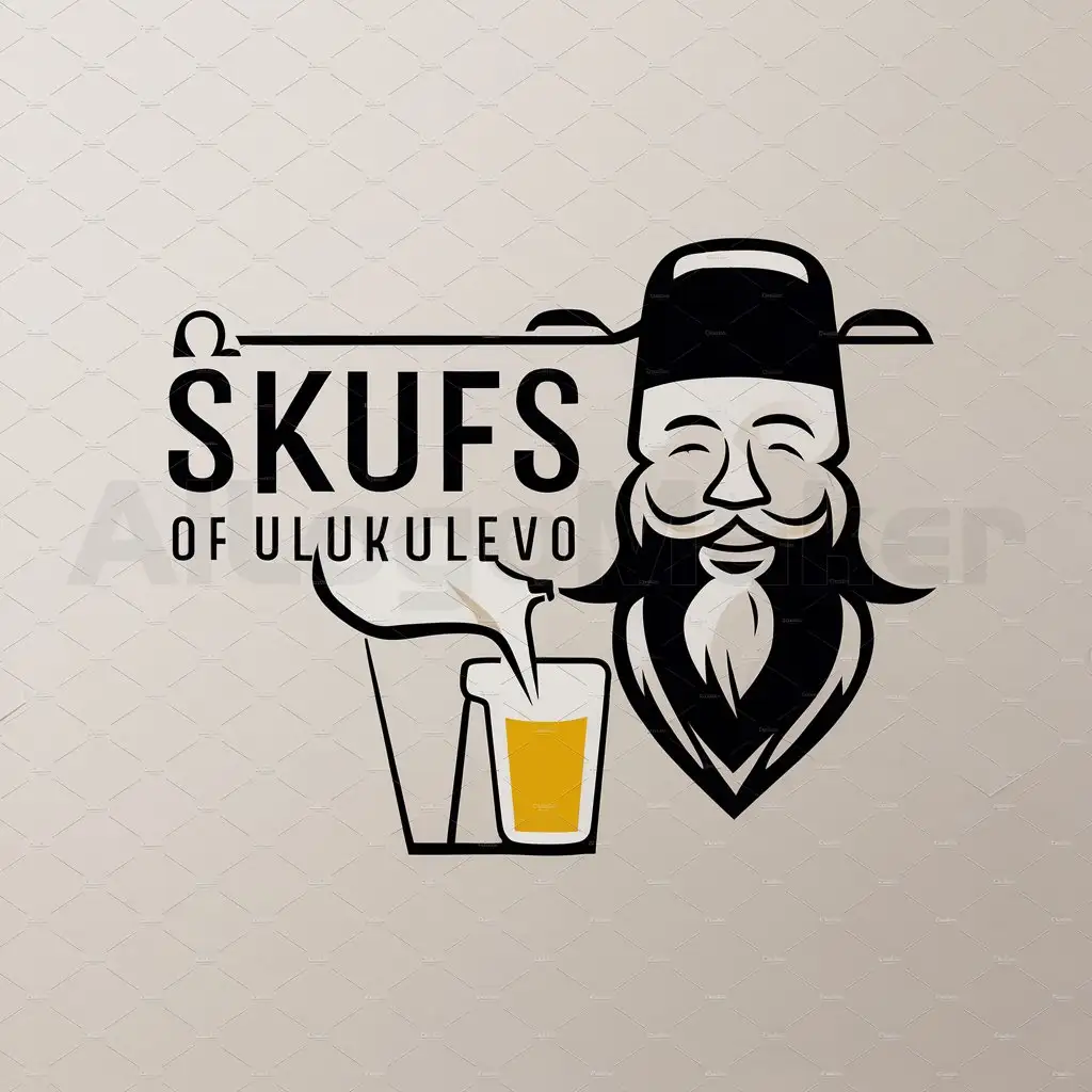 a logo design,with the text "Skufs of Ulukulevo", main symbol:bearded man smiles, bottle beer,Moderate,be used in Internet industry,clear background
