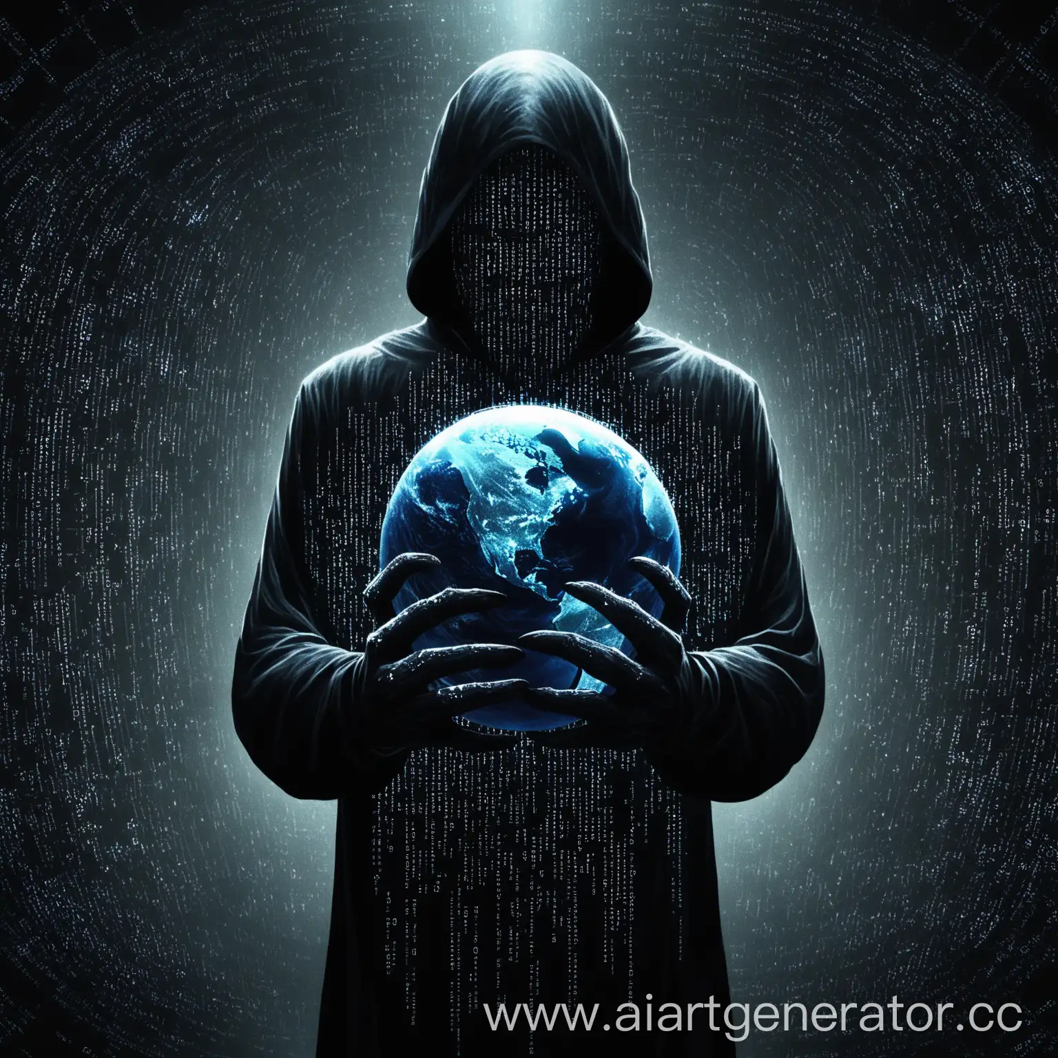 a very dark creature does not look like a human being holding the Earth with his hands and around him particles of codes like hackers
