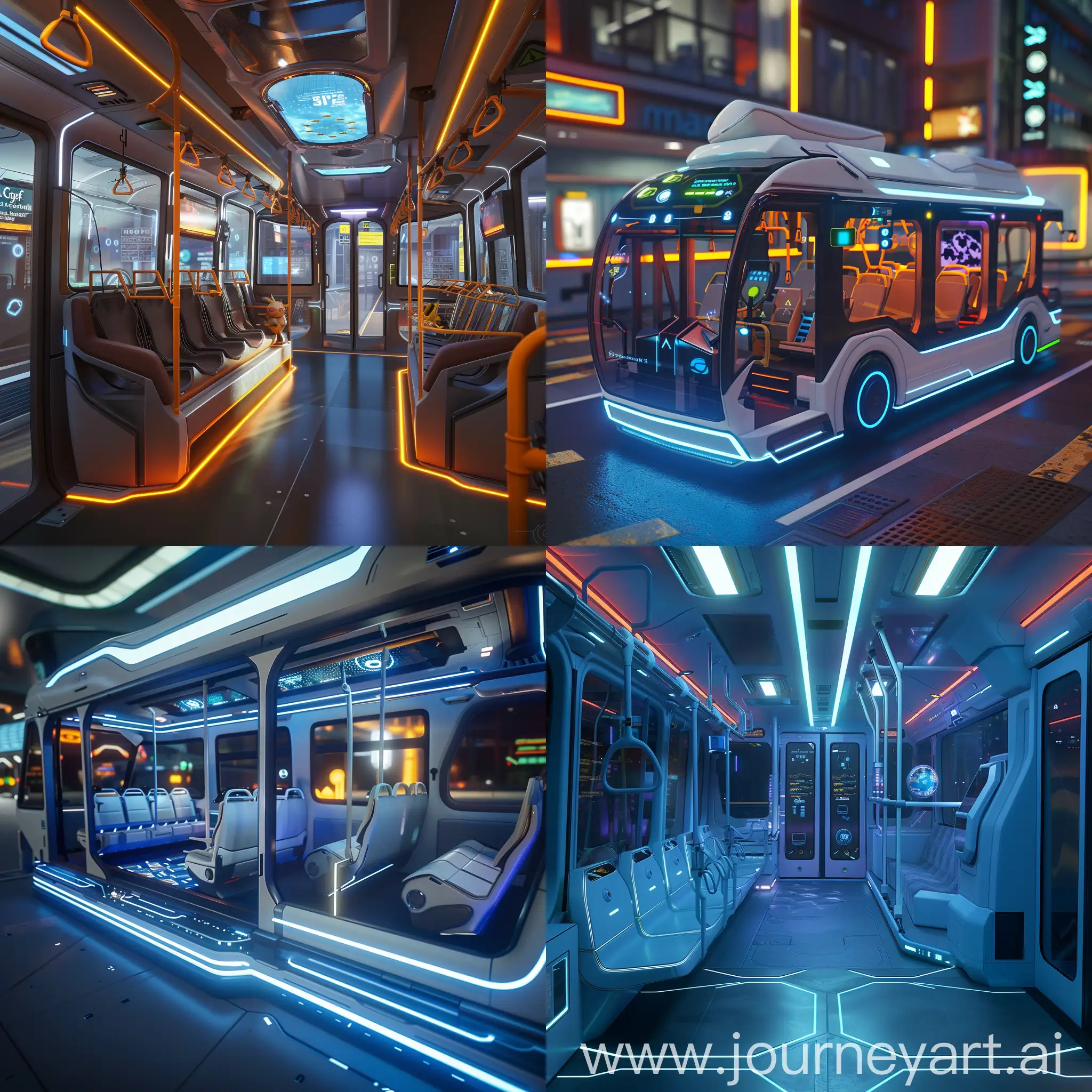 Futuristic bus, Holo-Stop Announcements (Halo), Augmented Reality Seats (Pokemon GO), Adaptive Climate Control Pods (No Man's Sky), Kinetic Charging Floors (Dance Dance Revolution), Smart Luggage Lockers (Tetris), Interactive Entertainment Walls (Portal), Biometric Security Doors (Mass Effect), On-Demand Food & Beverage Dispensers (Fallout), Hyperspeed Travel Simulators (Star Citizen), Community Hub Seating (Animal Crossing), Aerodynamic Streamlining (Cyberpunk 2077), Adaptive Chameleon Skin (Crysis), Interactive Light Displays (Tron), Projected Crosswalks (Grand Theft Auto), Retractable Landing Gear (Halo), Drone Delivery Ports (Death Stranding), Interactive Destination Holograms (Overwatch), Kinetic Energy Harvesting Panels (Mirror's Edge), Smart Window Tinting (Mass Effect), Modular Expansion Pods (No Man's Sky), unreal engine 5 --stylize 1000