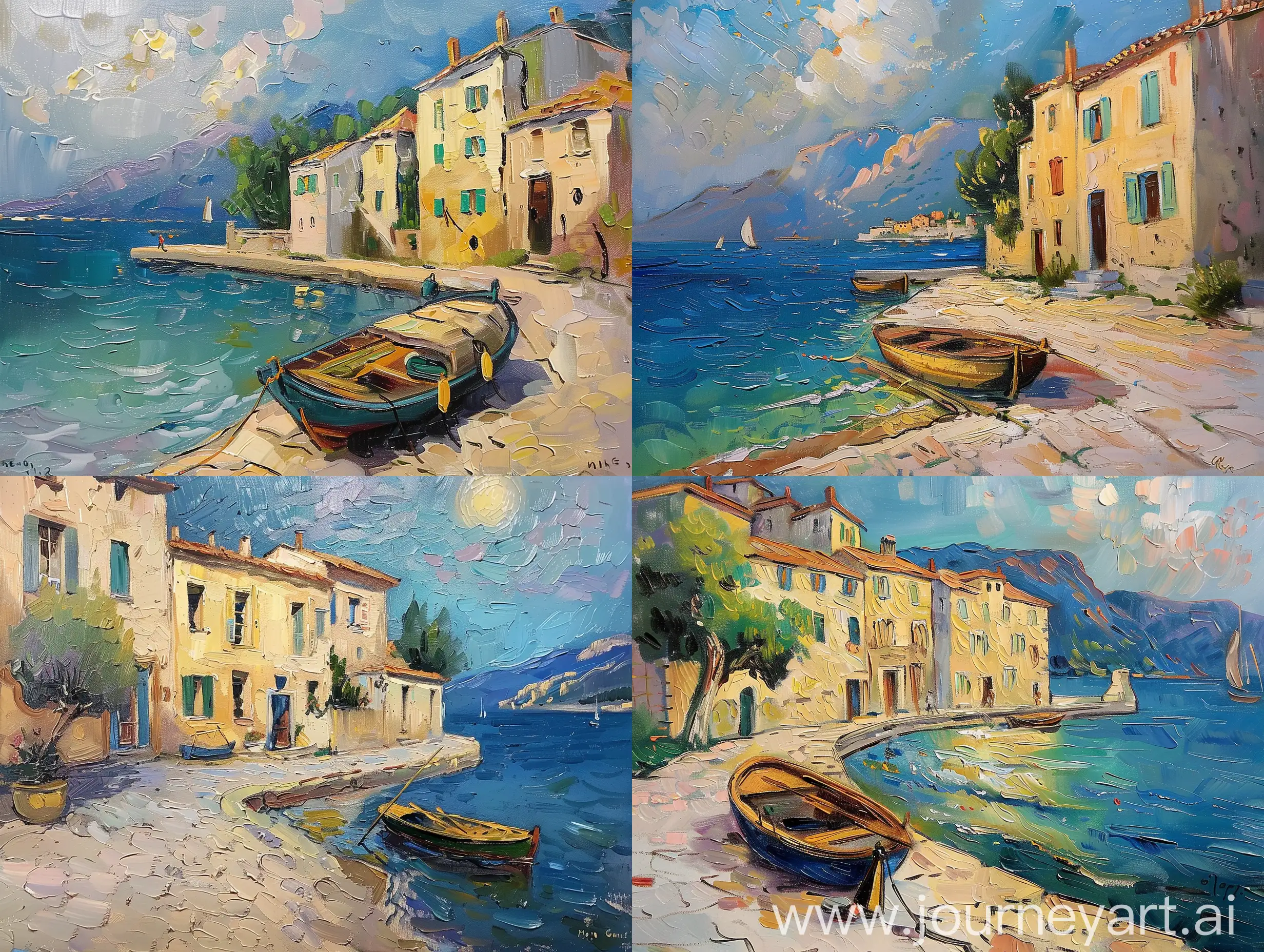 Seaside-Village-Oil-Painting-with-Boat-on-Shore