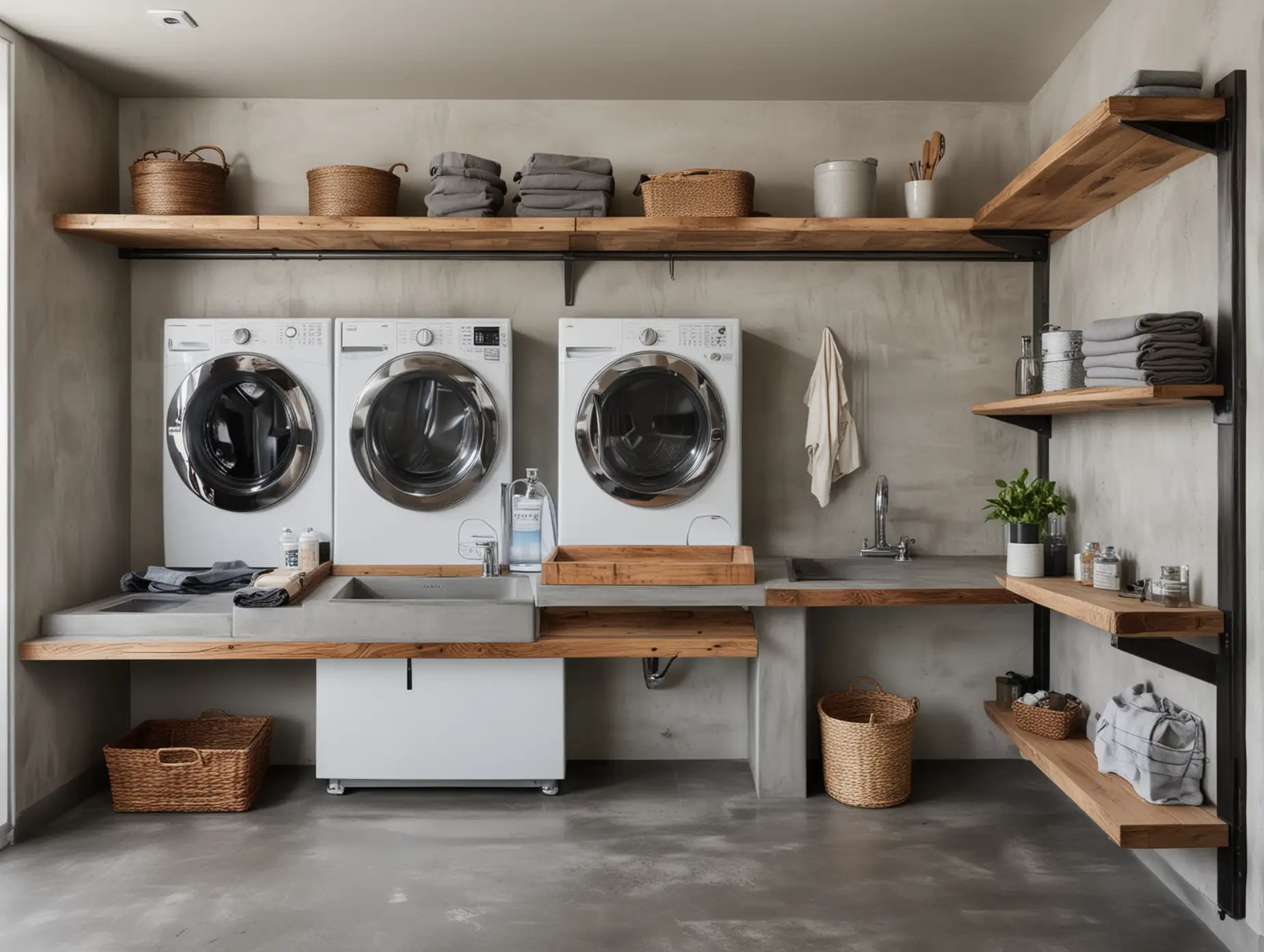 Modern-Laundry-Room-with-Reclaimed-Wood-Shelving-and-Polished-Concrete-Floors