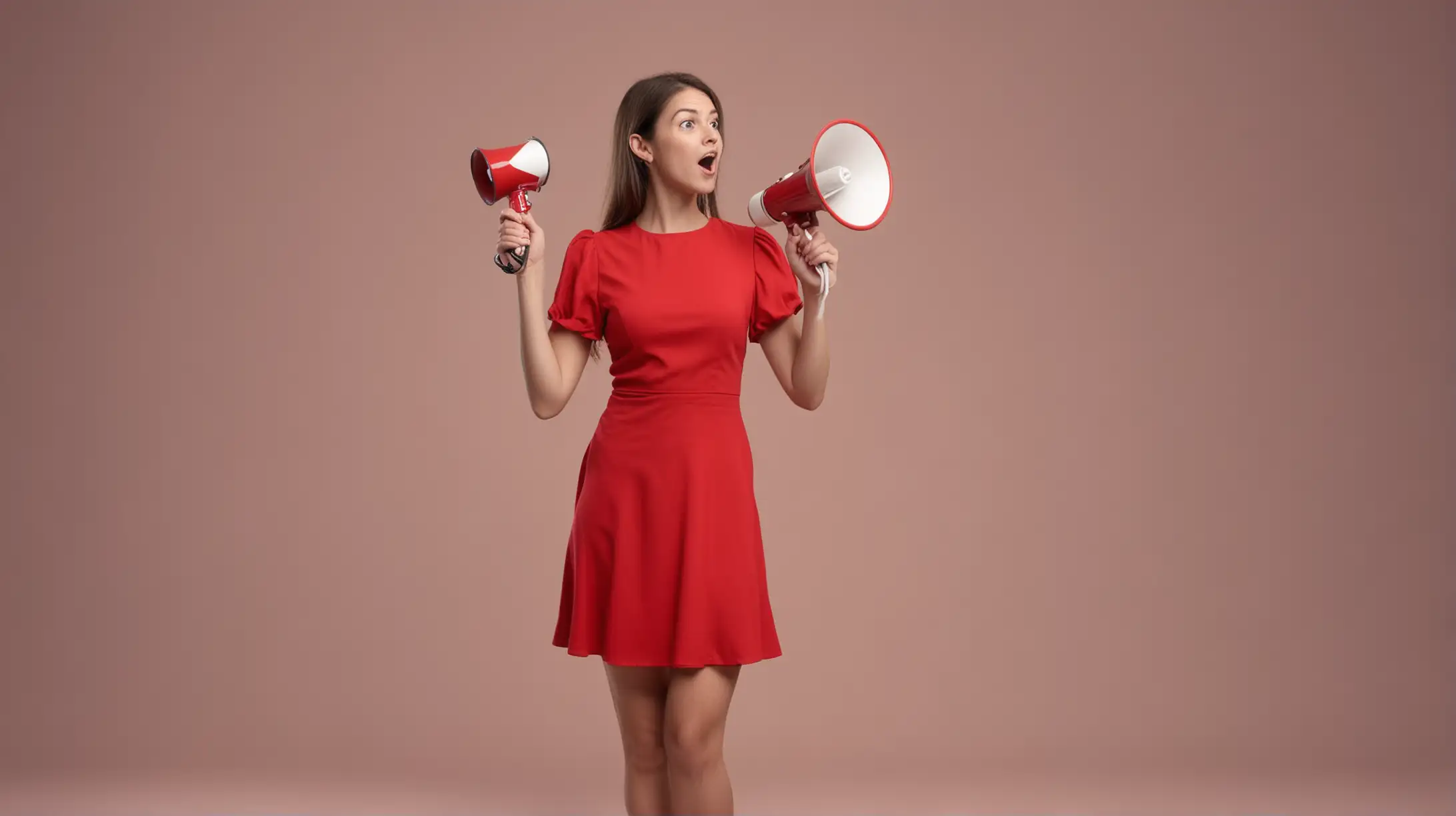 一个女人，穿着亮红色礼服，手拿着一个红白的喇叭，在做做一个推荐朋友的动作吗，单色的背景，逼真，4k高清