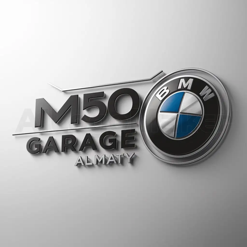 a logo design,with the text "M50 Garage Almaty", main symbol:BMW,complex,be used in Auto industry,clear background