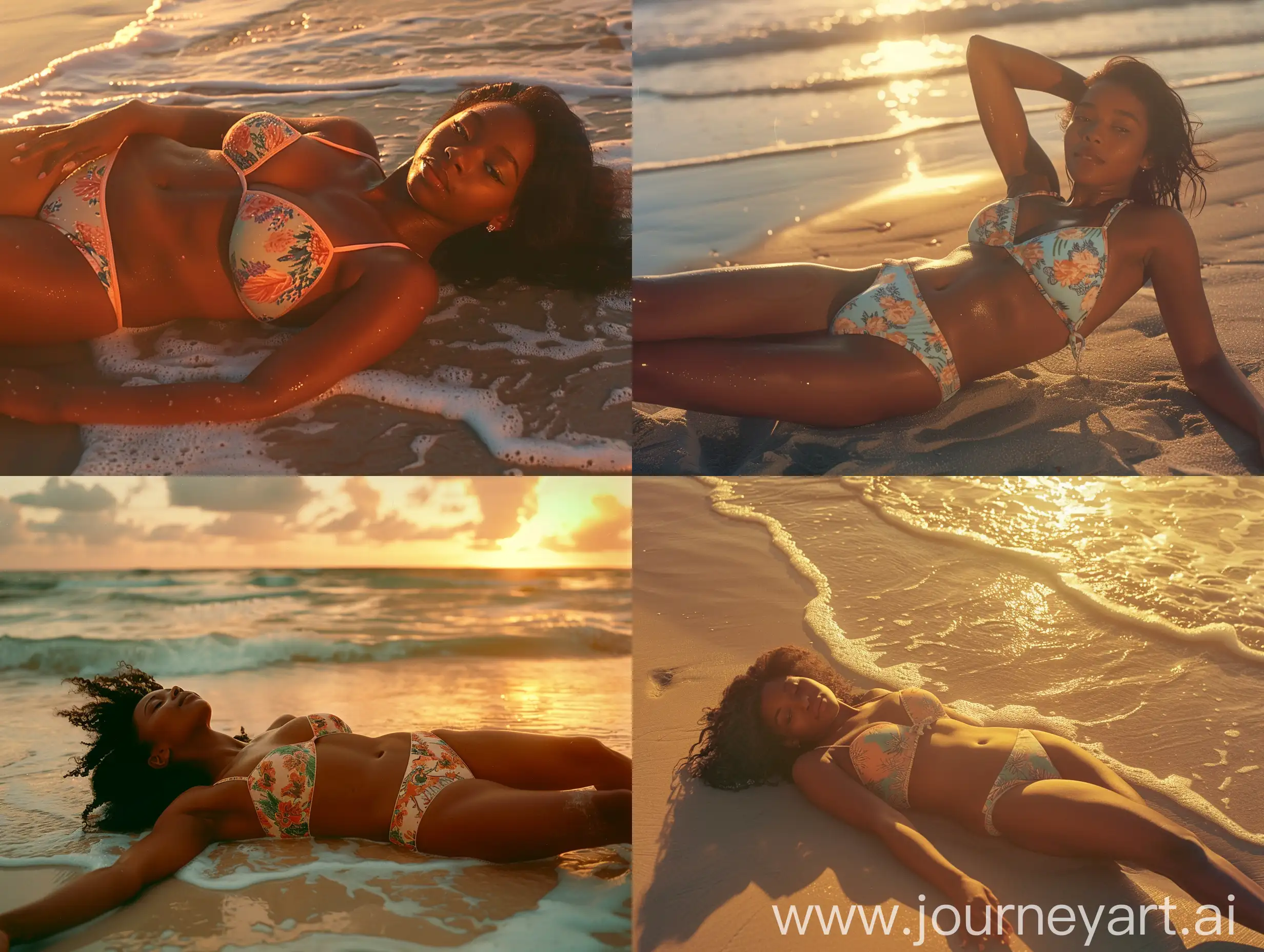 Serene-African-American-Girl-in-90s-Style-Swimsuit-at-Golden-Hour-Beach