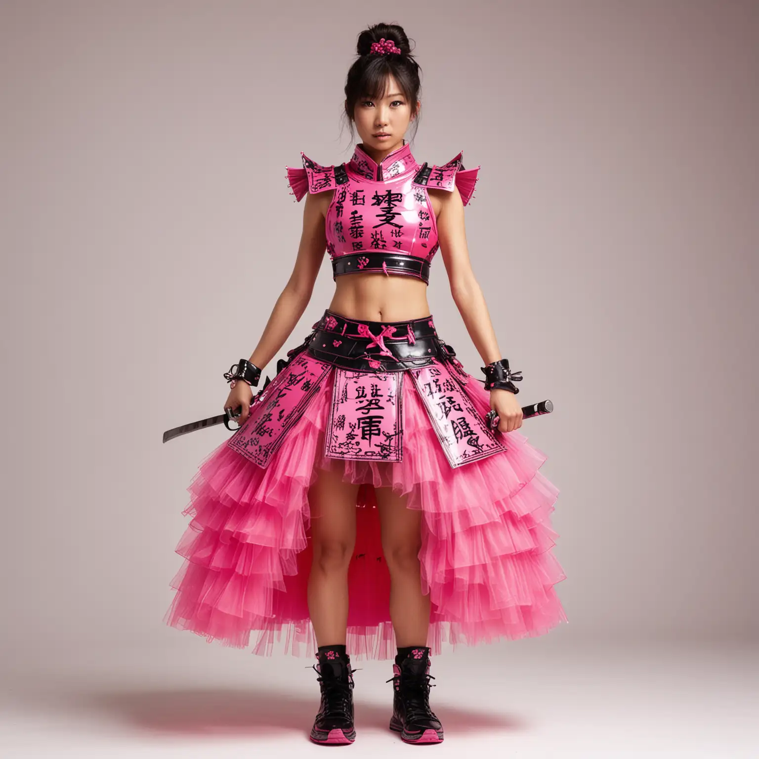 Standing full body view, strong toned beautiful Japanese supermodel in sleeveless, hot-pink samurai-knight armor with black chinese writing, midriff exposed, giant hot-pink spikey tutu, black sneakers, sneakers, white background