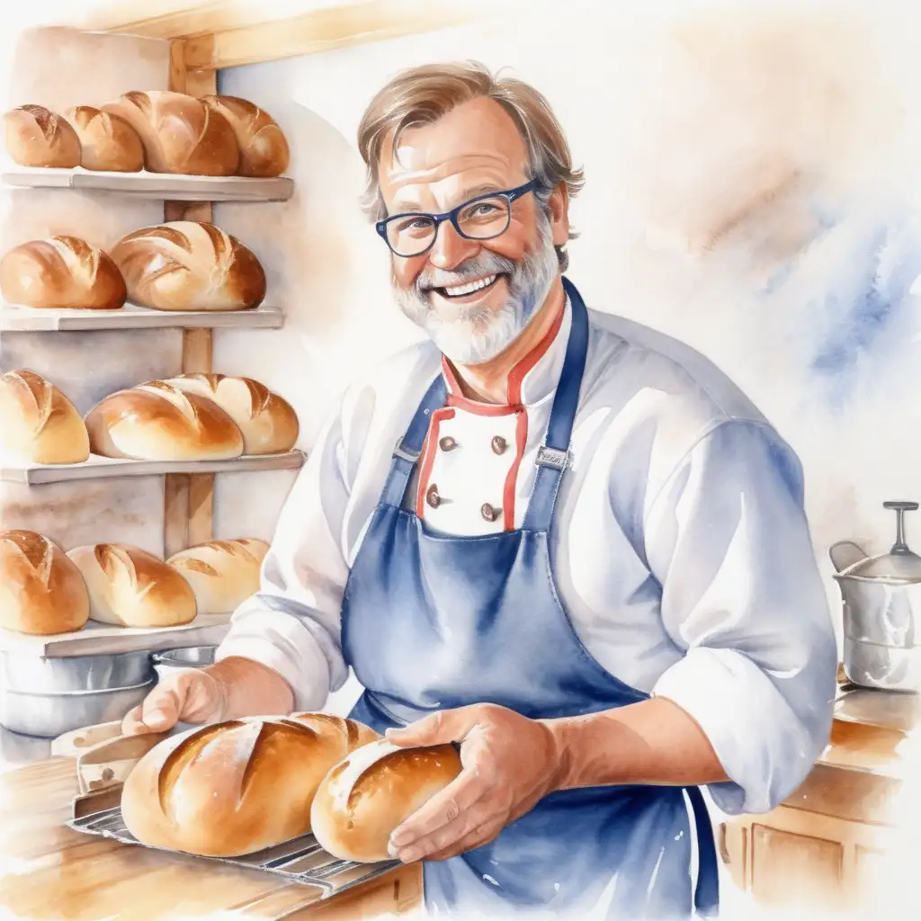 En glad svensk bagare som bakar bröd ,  vattenfärg 