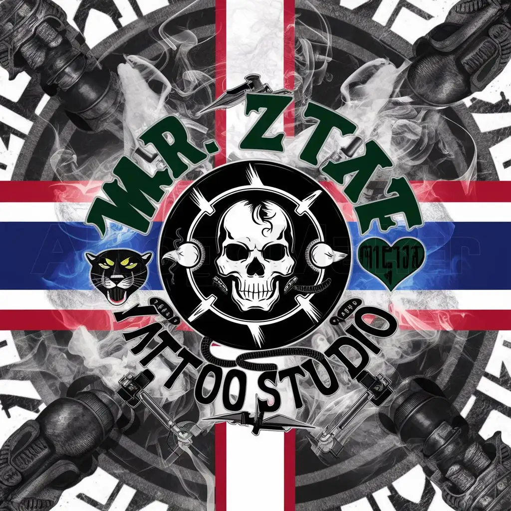 a logo design,with the text "MR.ZTAR TATTOO STUDIO", main symbol:a logo design,with the text 'MR. ZTAR TATTOO STUDIO', main symbol:old school black and white skull, Circle, smoke, Tattoo Machine, heart, Moderate, clear background, metal fonts, green fonts, panther, dark fonts, background black, National flag of thailand,complex,clear background