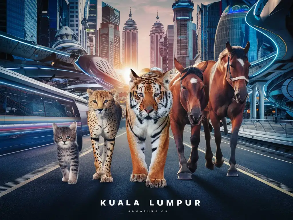 Kitten,cheetah,tiger,horse,walking in futuristic kuala lumpur city,full image,FULL HD