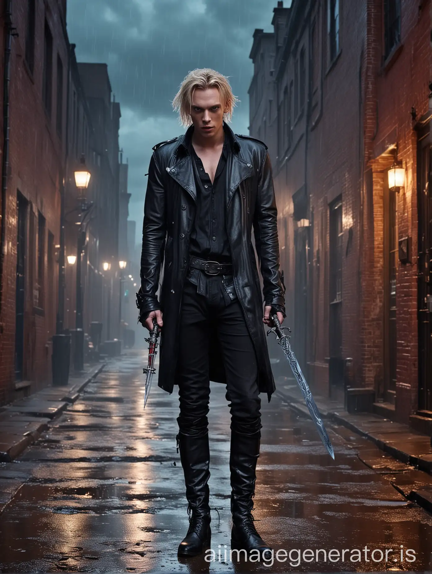 Jamie Campbell Bower face, beautiful blue eyes, platinum blonde hair, mischevious face, wearing leather, unbuttoned shirt, city neon nightlights, red brick buildings, standing in front, wearing black boots, tall man, holding a glowing glass dagger sword, stormy clouds, foggy background, wet brickroad