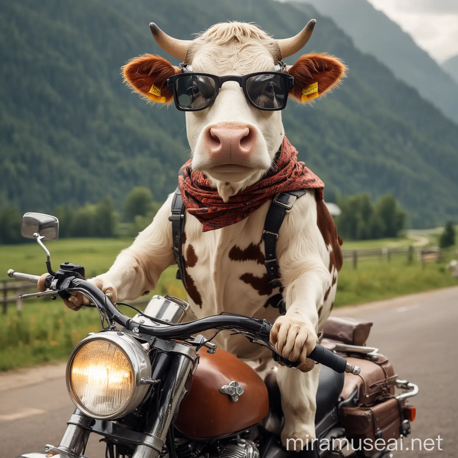 cow with glasses riding a motorcycle
