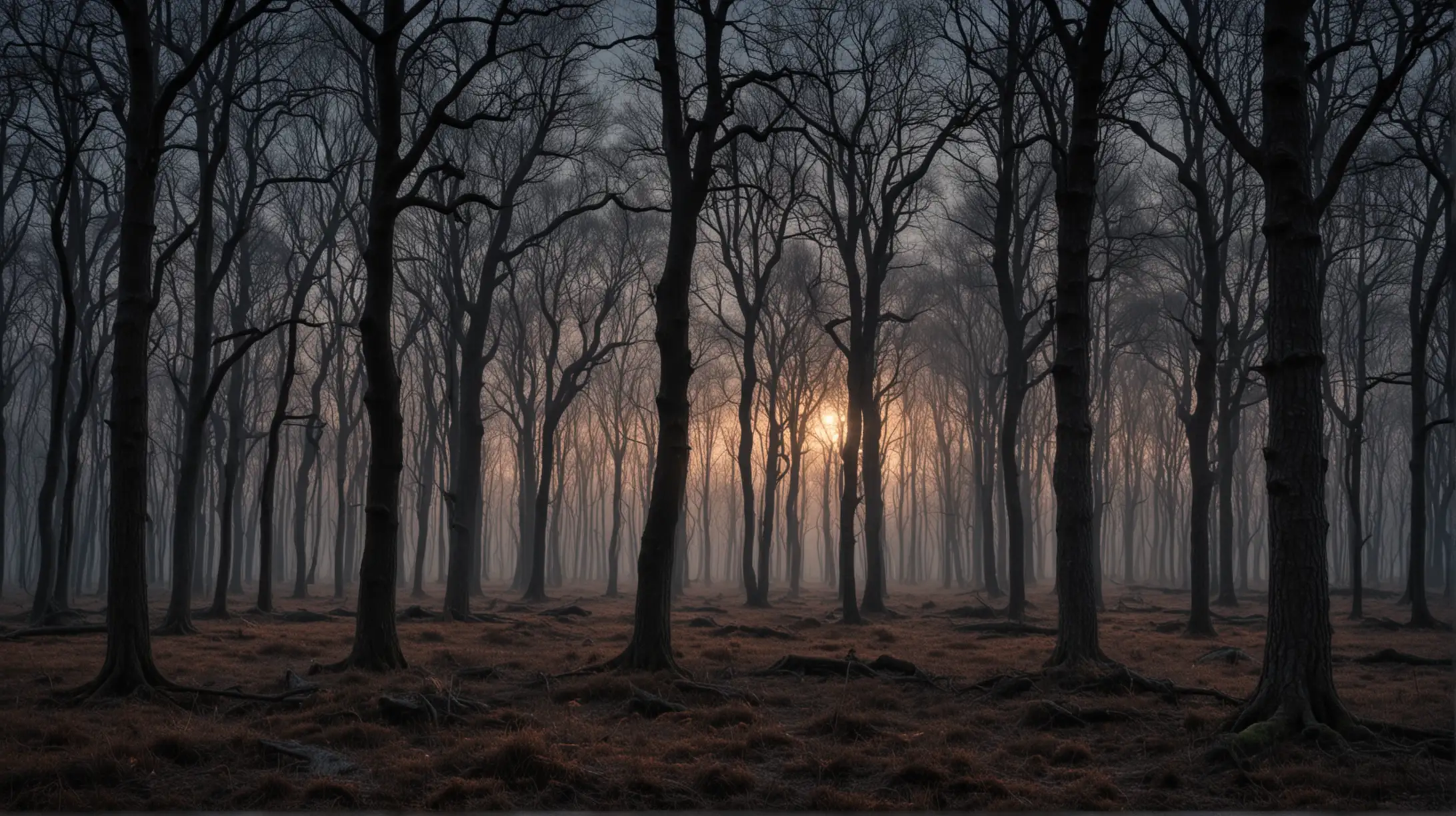 Mysterious Twilight Scene Ancient Oak Forest at Dusk