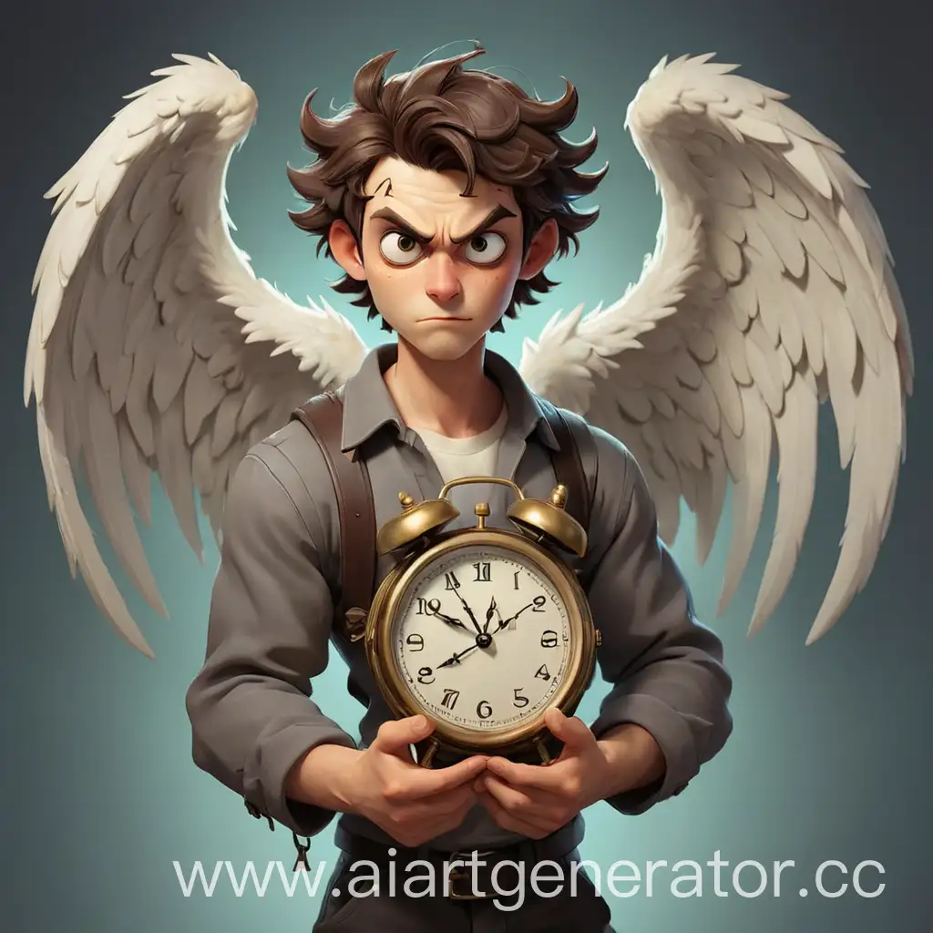 мультяшный парень на половину демон на половину ангел держит в руках часы