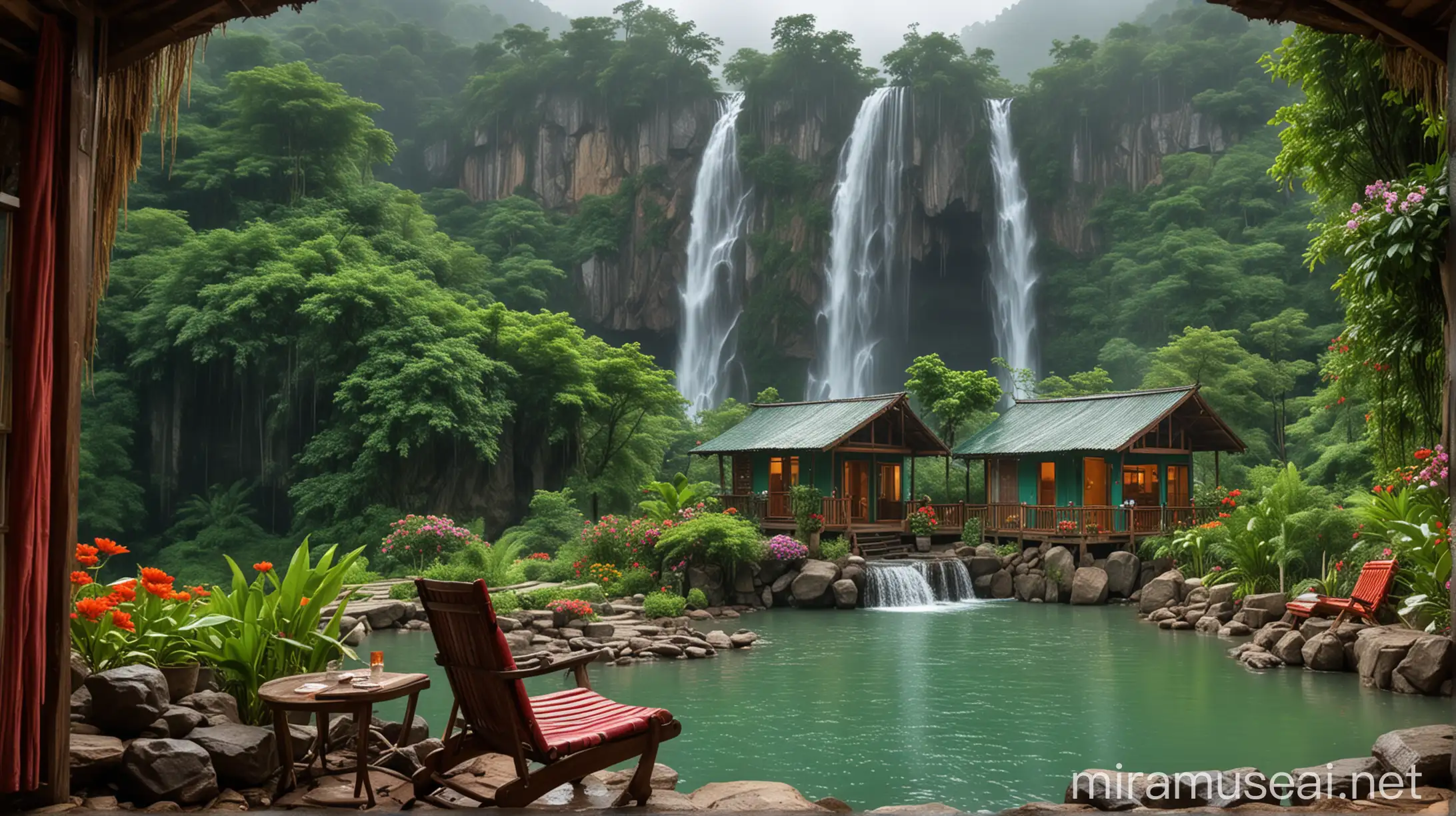 moonsoon house inside view at mountain with flowers and waterfall and sitting chairs a waterfall with a hut and a lake, in the style of 32k uhd, moonsoon emerald and green, colorful dreams, romantic riverscapes, beautiful scenery 
mountain waterfall sia view rainy weather monsoon