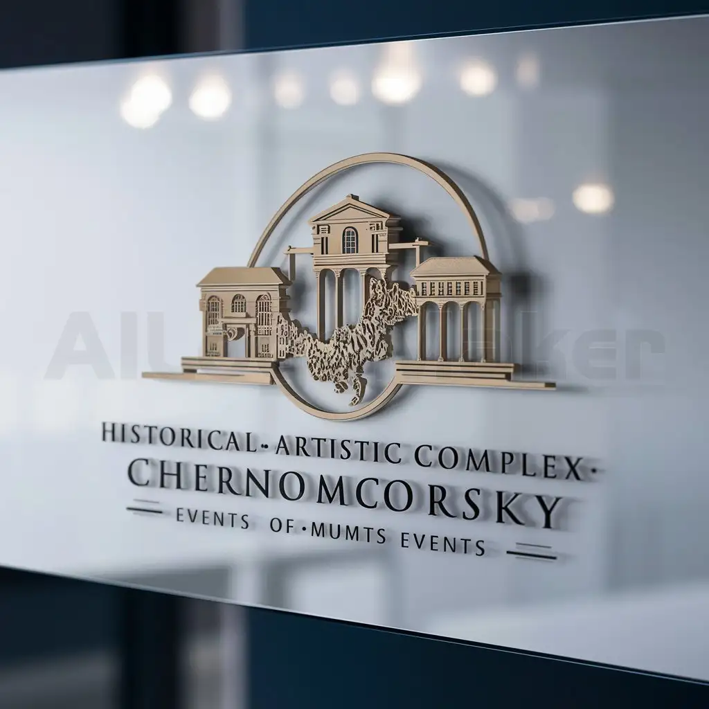 a logo design,with the text " Historical-artistic complex "Chernomorsky"", main symbol:building of the old museum and map of the Azov-Black Sea basin,complex,be used in Events industry,clear background