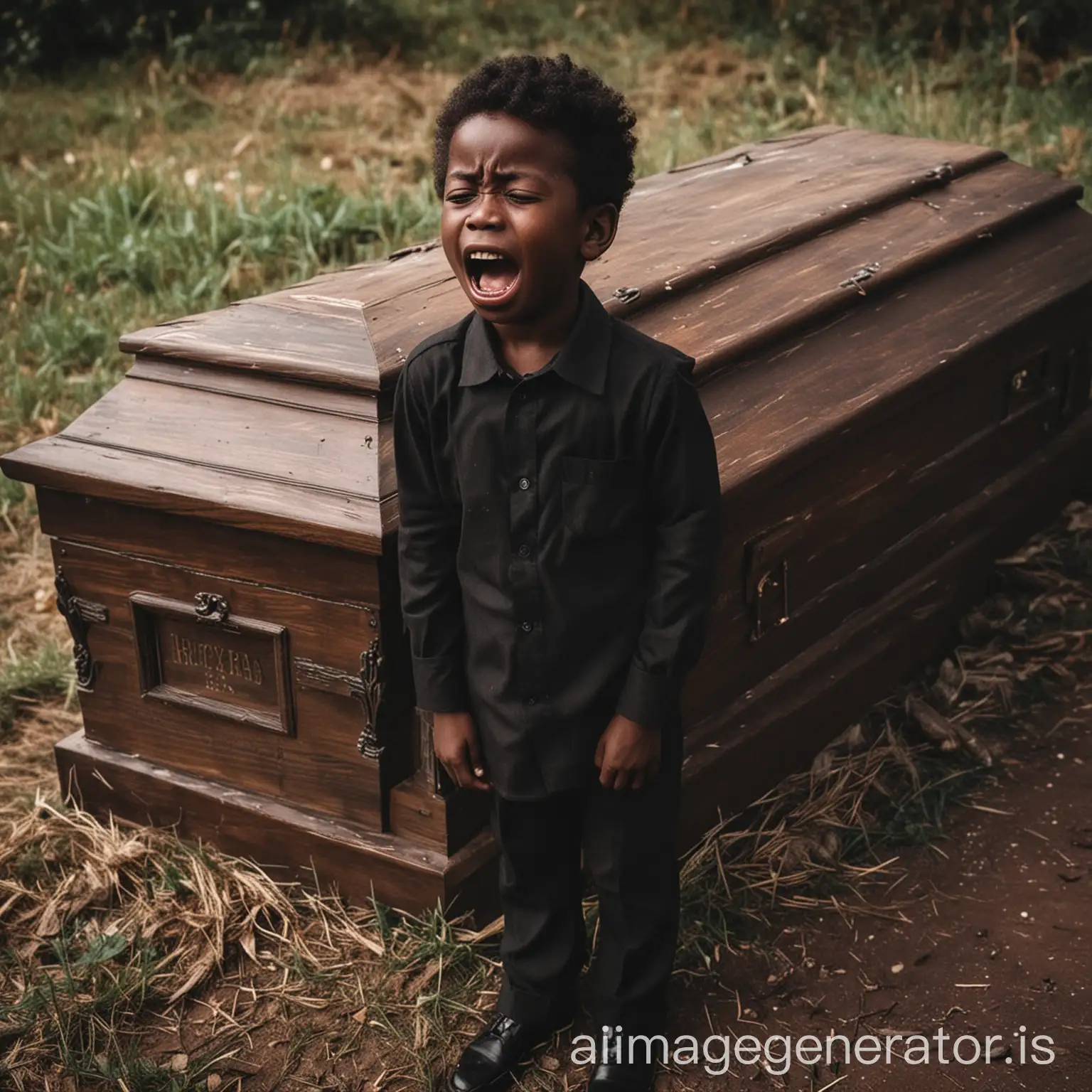 Give me a photo of a dark skinned boy crying next to a coffin box.

