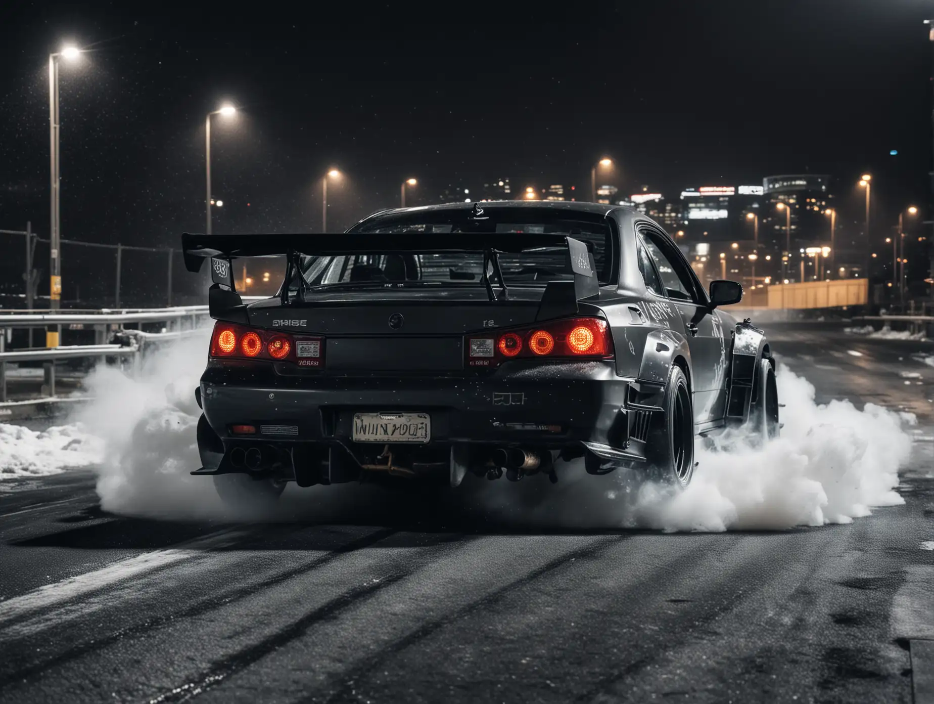 Create sport tuning type monsters from Japanese drifting car with big Wells  driving at night in the city  on the bridge background black dark color snow rear view from far 