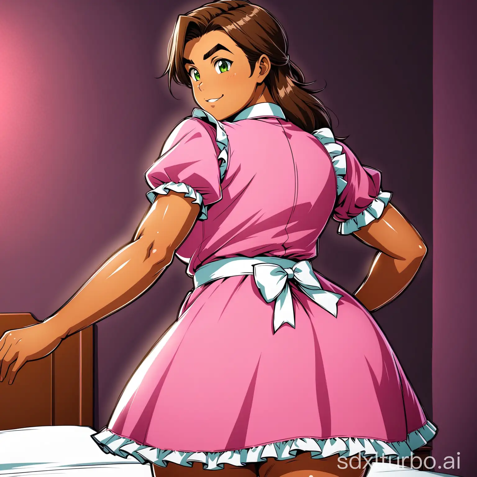 A handsome tanned chubby young man, mullet brown hair, green eyes, with pink maid uniform, dancing, showing ass, in a dark bedroom