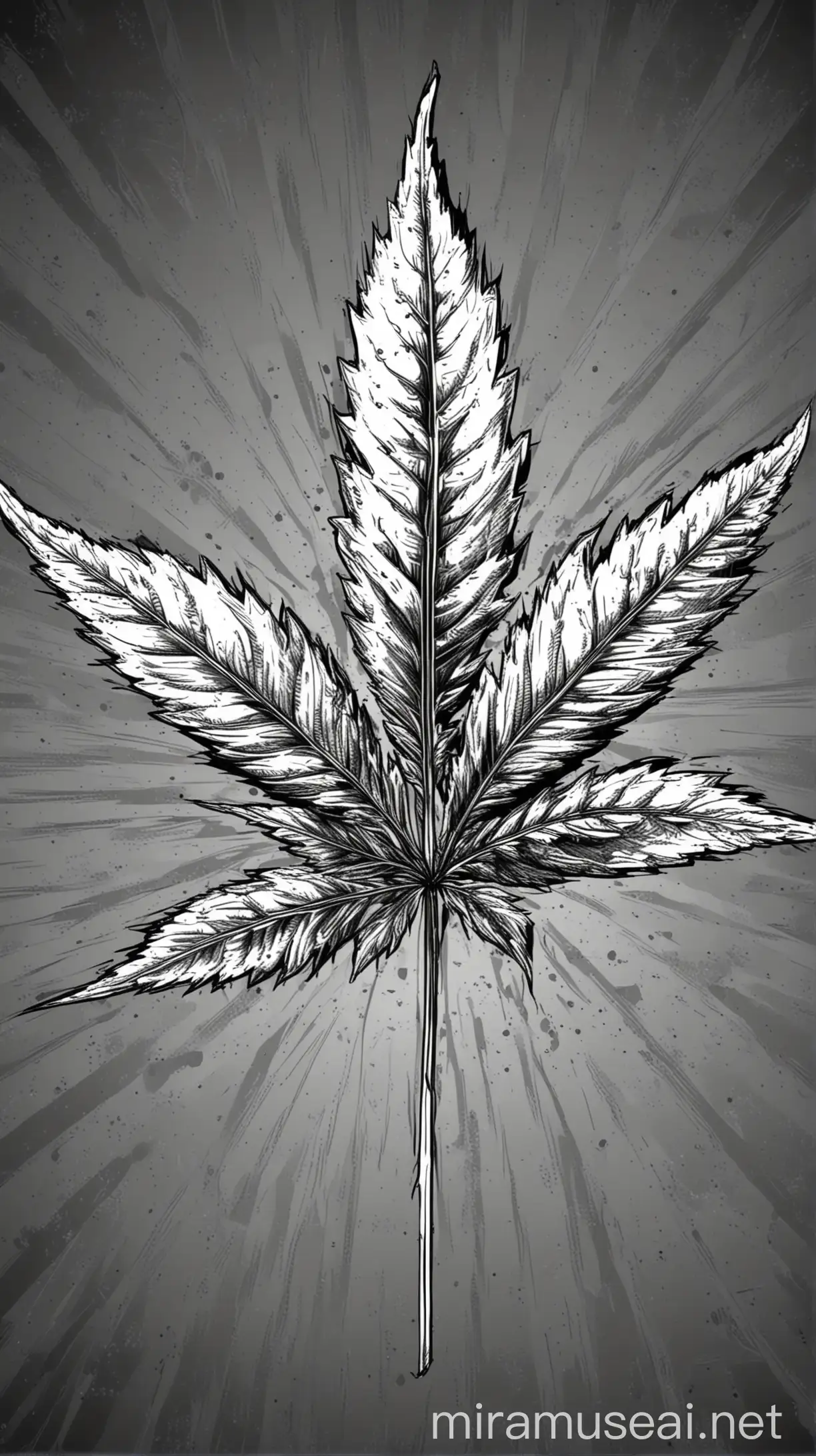Marijuana leaf drawn comic book style black and white illustrated no background 

