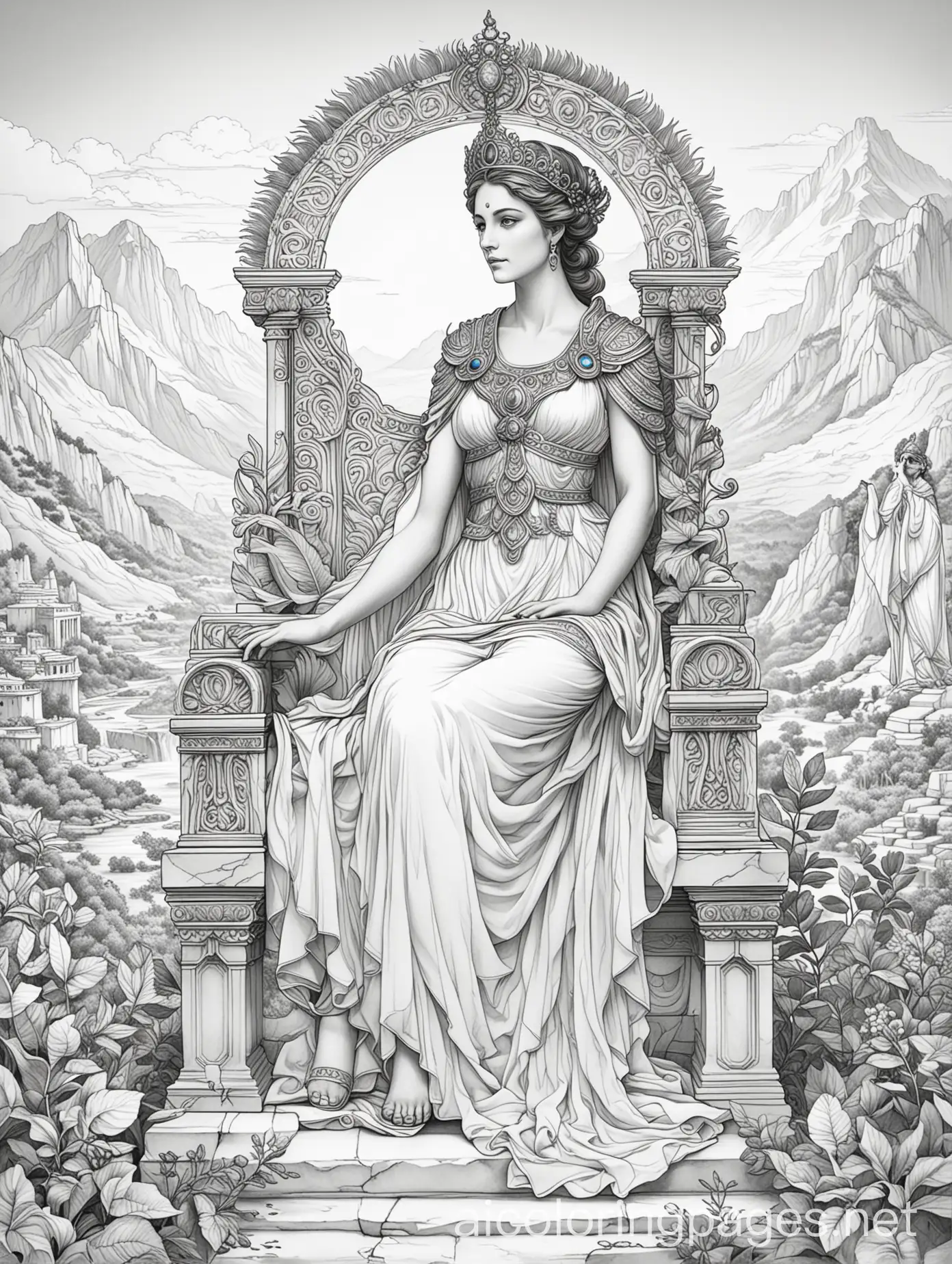 **Hera Overlooking Mount Olympus** - Hera seated on a throne, peacock by her side, looking regal and commanding as she gazes out over Mount Olympus., Coloring Page, black and white, line art, white background, Simplicity, Ample White Space. The background of the coloring page is plain white to make it easy for young children to color within the lines. The outlines of all the subjects are easy to distinguish, making it simple for kids to color without too much difficulty