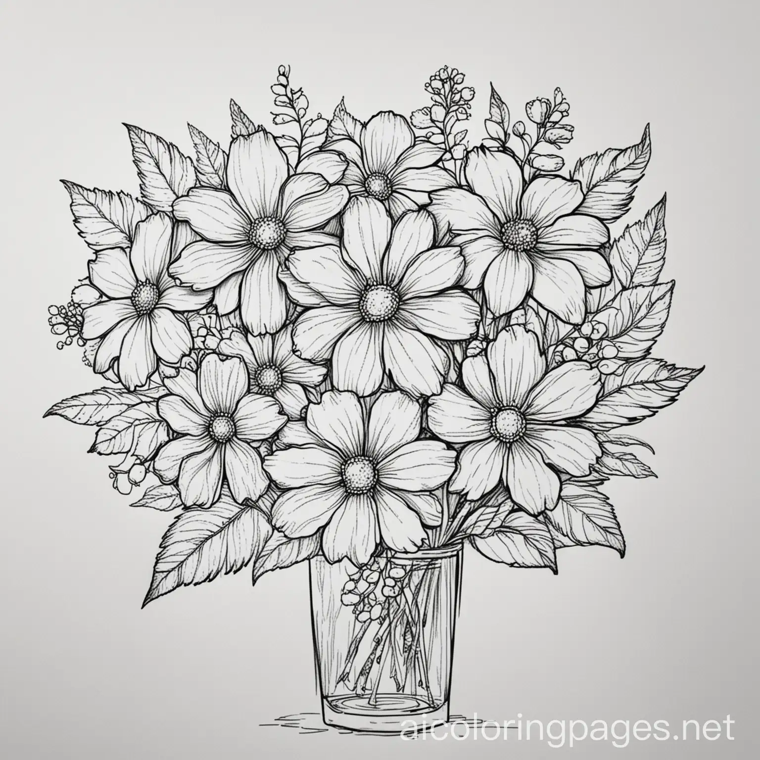 Bouquet of flower, Coloring Page, black and white, line art, white background, Simplicity, Ample White Space. The background of the coloring page is plain white to make it easy for young children to color within the lines. The outlines of all the subjects are easy to distinguish, making it simple for kids to color without too much difficulty, Coloring Page, black and white, line art, white background, Simplicity, Ample White Space. The background of the coloring page is plain white to make it easy for young children to color within the lines. The outlines of all the subjects are easy to distinguish, making it simple for kids to color without too much difficulty