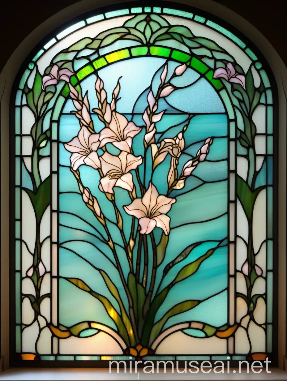 Art Nouveau Stained Glass Window with Jasmine and Gladiolus