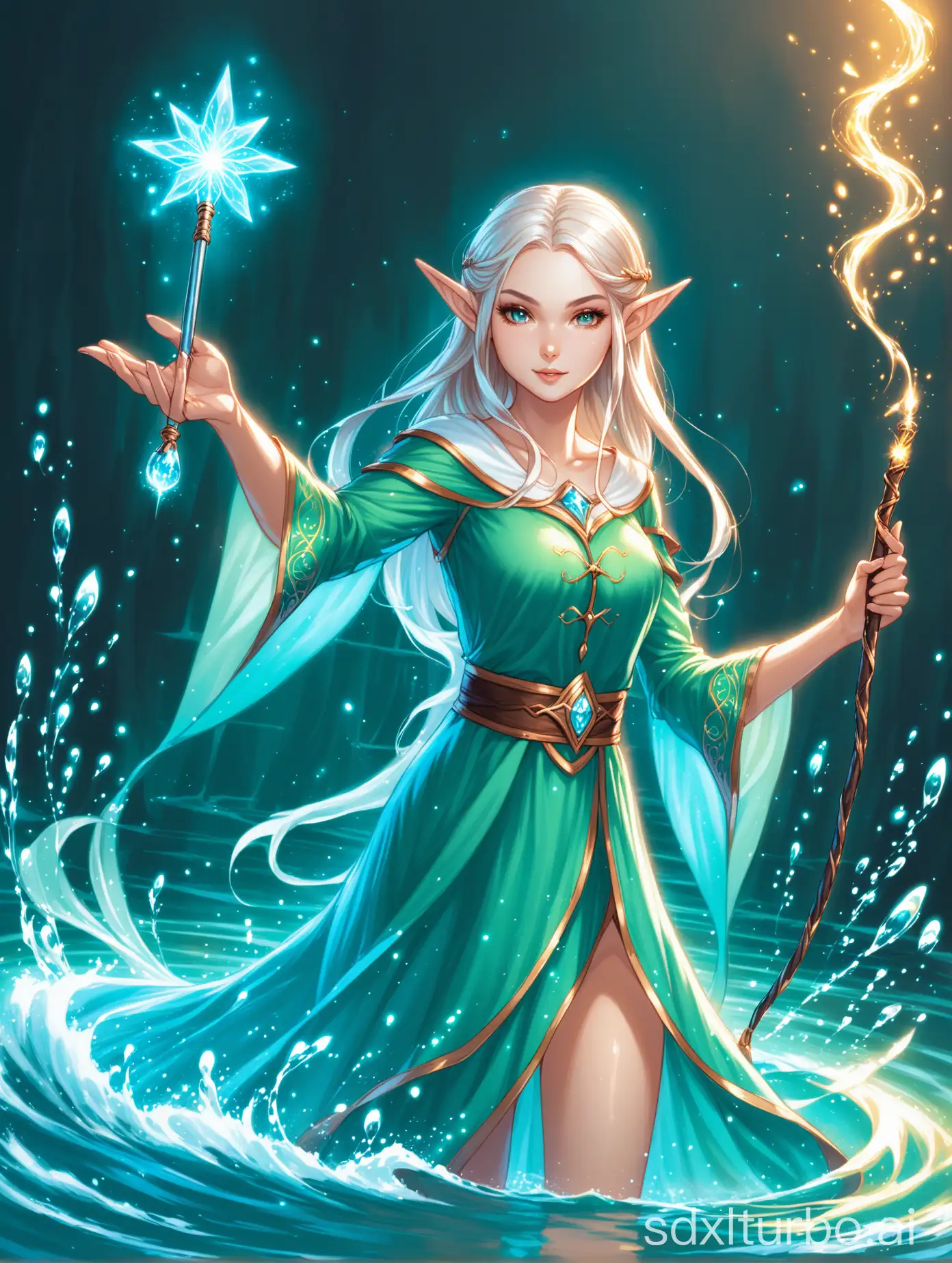 A beautiful elf  wields her magic wand, conjuring water magic.