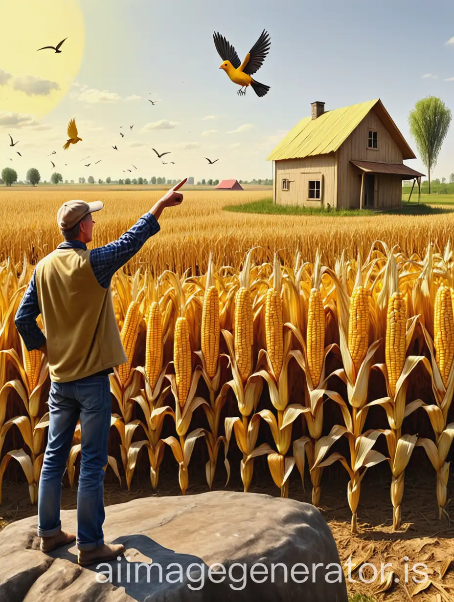 Many farmers gathered in the field. one person stood on a rock, his hand pointing forward. a wooden house stood in the distance. corn turns yellow. flying bird