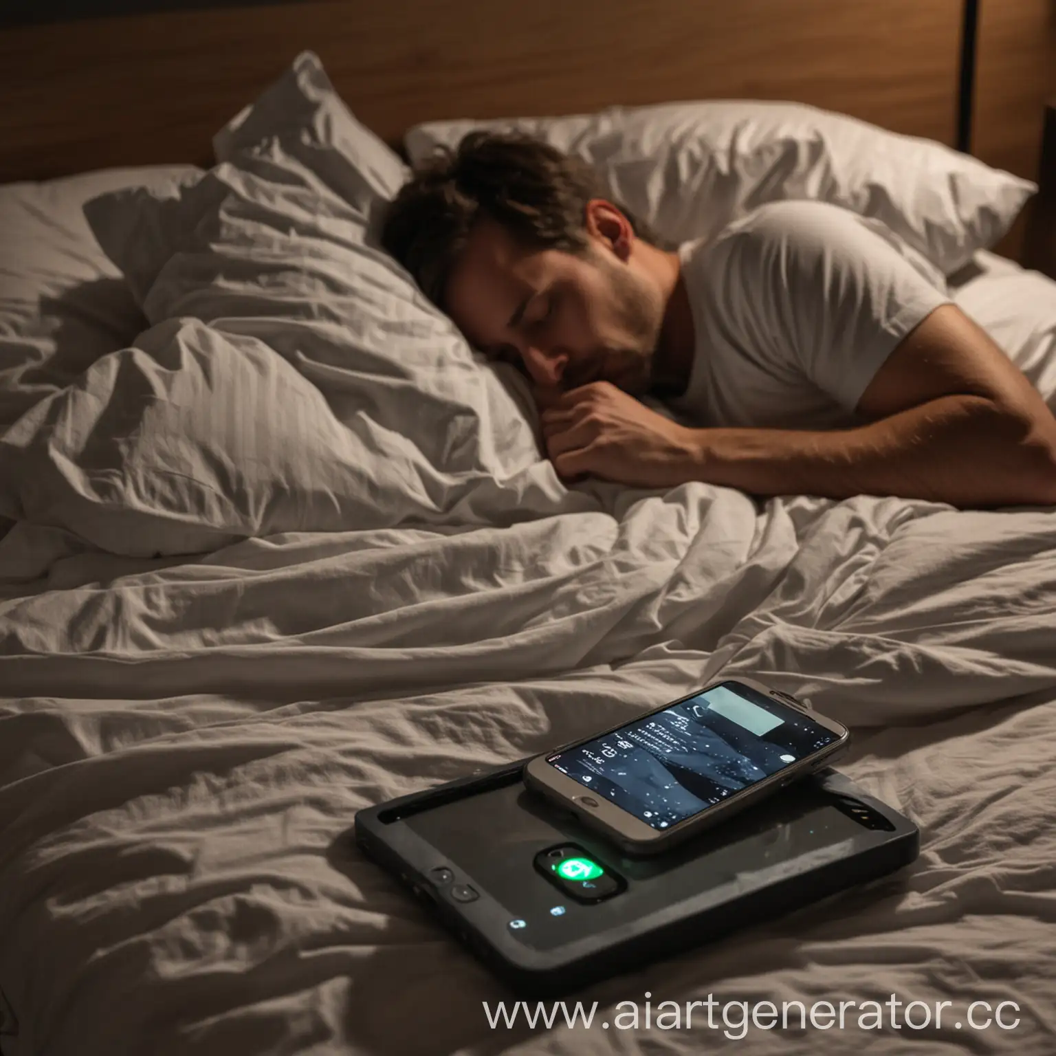 На переднем плане телефон с включенным экраном лежит на тумбочке. На втором плане мужчина спит в кровати. На дворе ночь. Крупный план