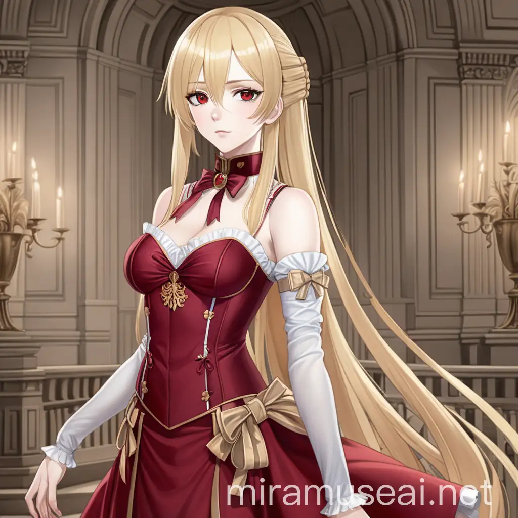 Anime, Manga, Yandere, Noble Lady, Mature Charm, Golden Eyes, Pale Golden Hair, Pale Skin, Slender Body, Straight Hair. Elegant Hairstyle, Noble Dress, Red dress, Corset, Villainous Look, Tall stature, Elegance, voluptuous body, Noble bearing, Sophisticated charm, Poised and composed, Aristocratic Grace, Full body, Ballroom on background.