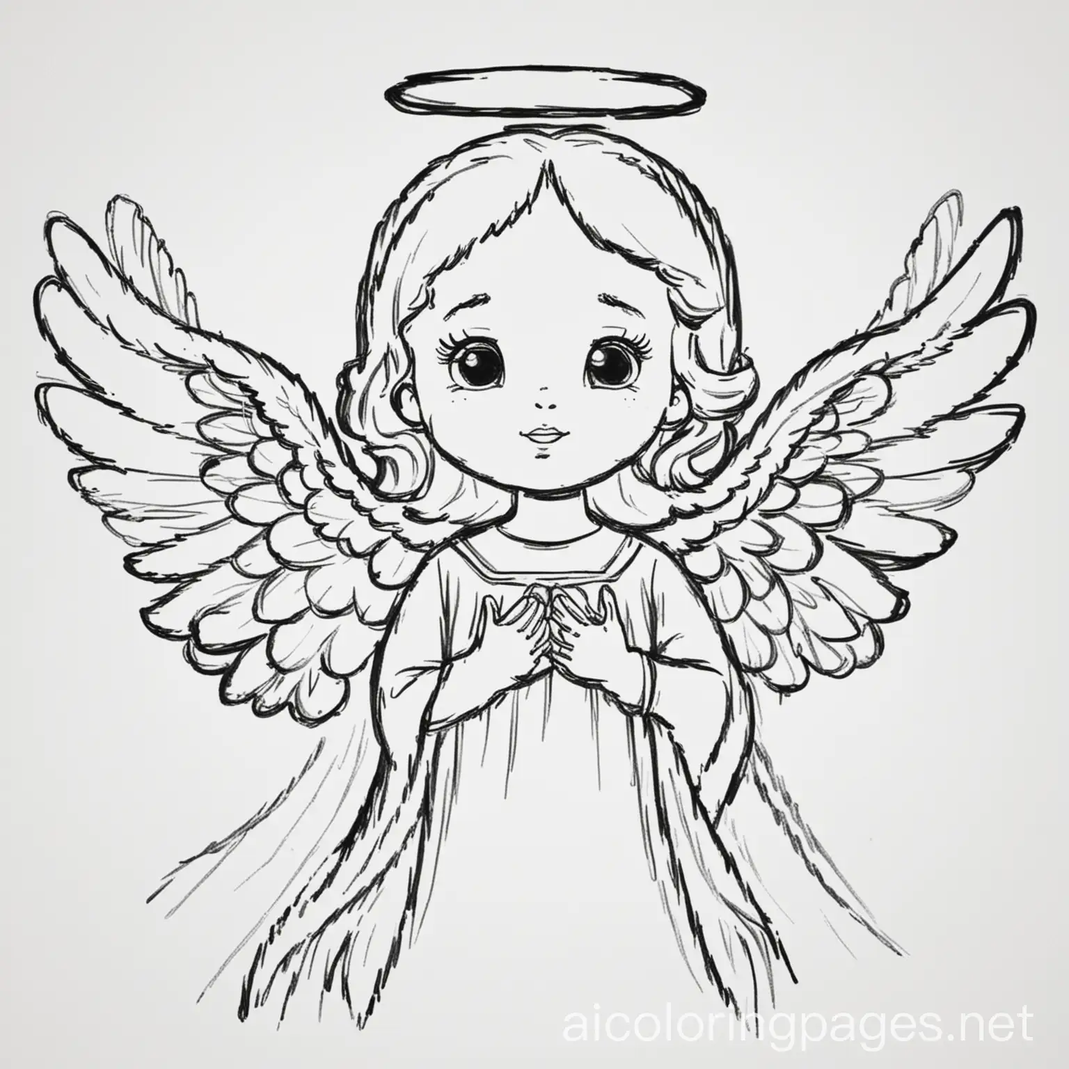 An angel, Coloring Page, black and white, line art, white background, Simplicity, Ample White Space. The background of the coloring page is plain white to make it easy for young children to color within the lines. The outlines of all the subjects are easy to distinguish, making it simple for kids to color without too much difficulty