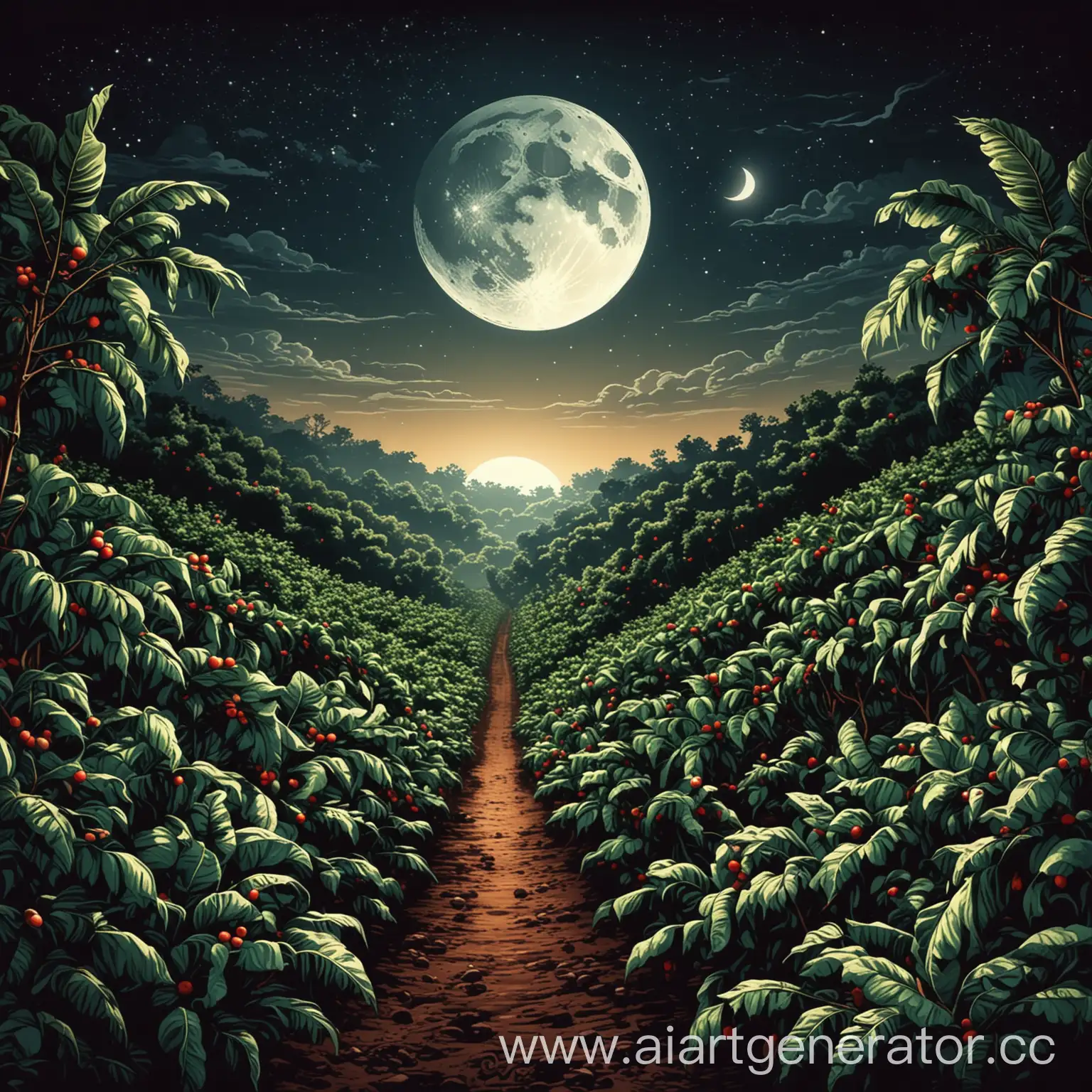coffee farm, night, moon, vector illustration 