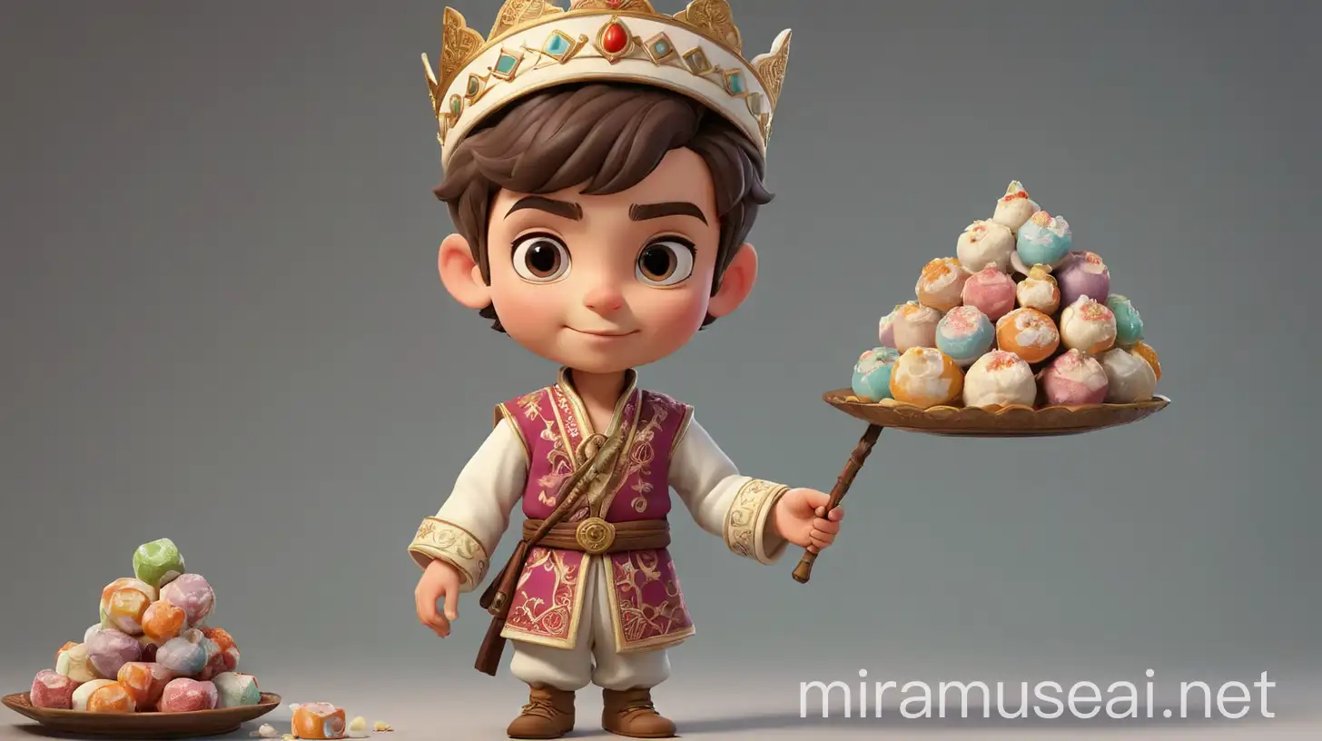 Create a 3D cartoon of a prince child dressed in traditional clothing, shown in full view, holding traditional turc delights The character should exude a sense of luxury, class, prestige, and royalty, inspired by the fusion of turc cultural elements
