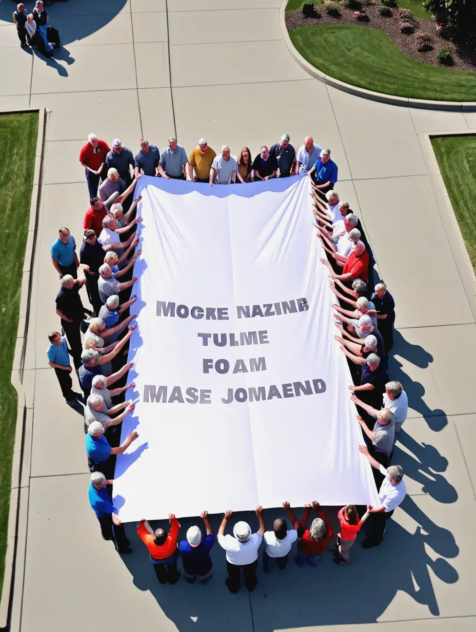 aerial view, dozen people holding a large banner