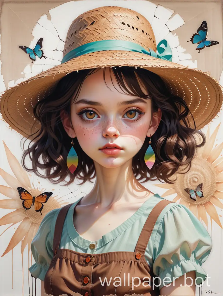 on a battered aged canvas with cracks and deep scratches, double exposure, collage in mixed media, patchwork,  Anika HENSEN with exaggerated facial features in the style of Mark Ryden, clean skin, in a straw hat and matching clothes, brown eyes with a sharp look, detailed textures, artistic dynamic pose, grace, atmosphere, clear focus, image clarity, 4K, transparency, surreal oil painting, splashes of paint combined with carefully drawn fine lines and details in the style of Ralph Steadman, ArtStation