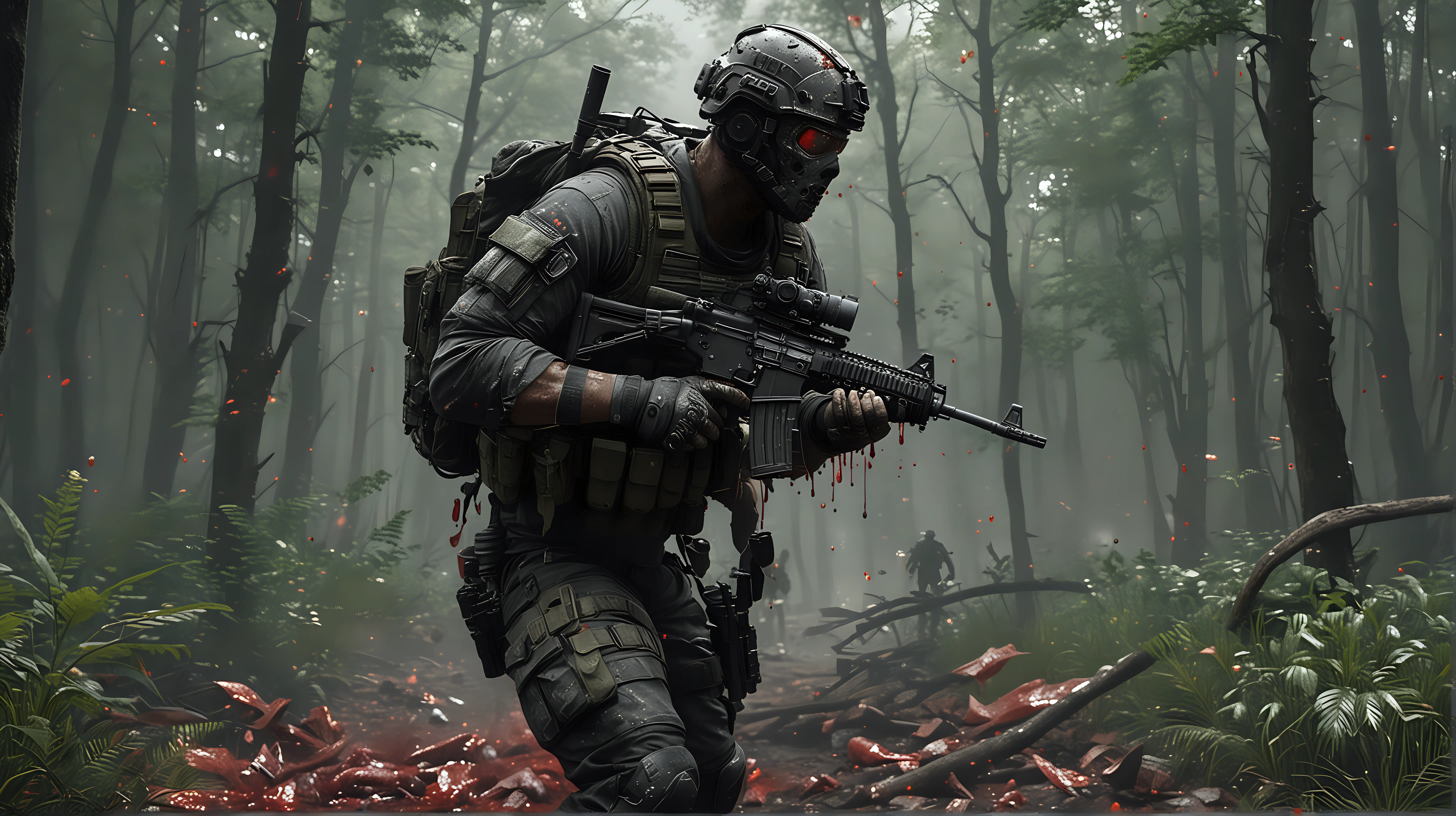 Generate a 4K hyperrealistic of ghost from the call of duty modern warfare series covered in blood and his body fill with cuts.
the background of the image should be in a green lush forest area