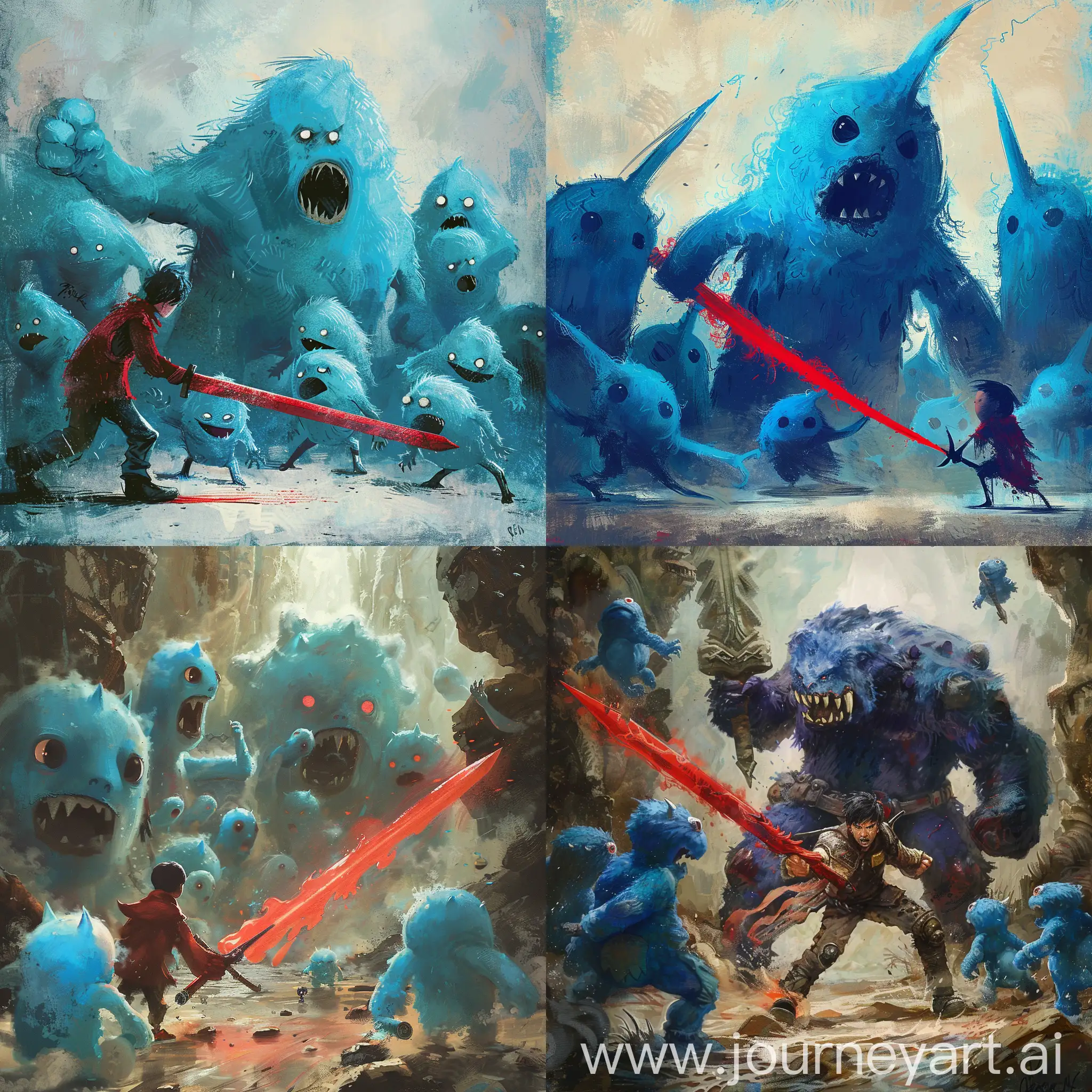 Man-with-Red-Sword-Battling-Six-Little-Blue-Monsters