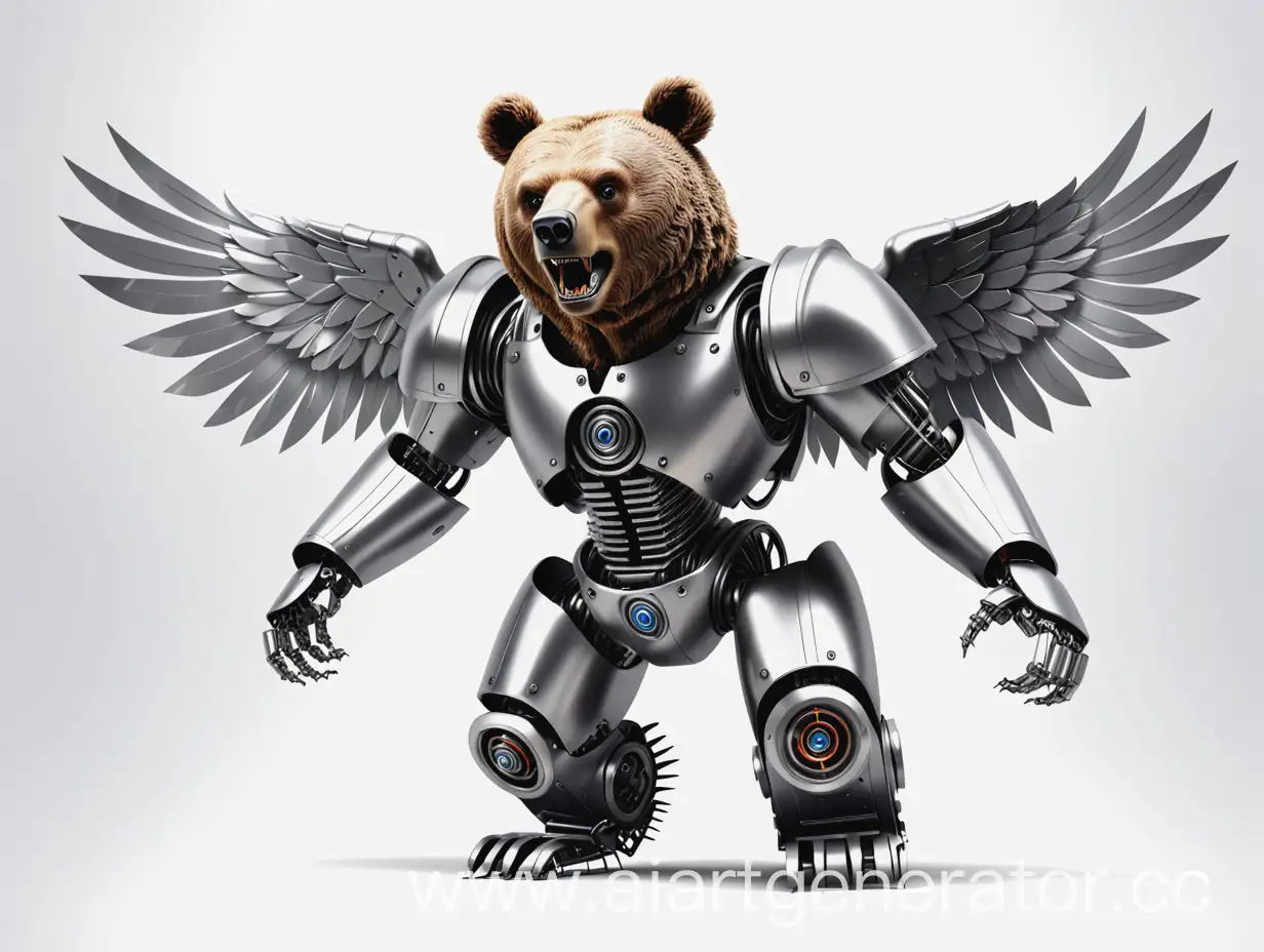 опасный и яростный робот медведь  с крыльями из металлических крыльев, взлетает.  без фона