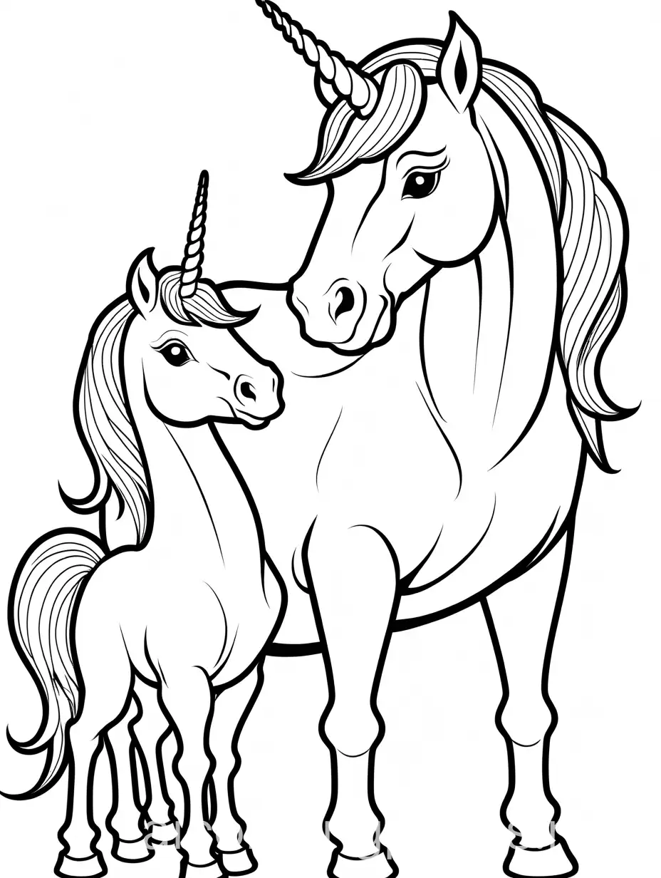 Daddy unicorn next to baby unicorn, Coloring Page, black and white, line art, white background, Simplicity, Ample White Space. The background of the coloring page is plain white to make it easy for young children to color within the lines. The outlines of all the subjects are easy to distinguish, making it simple for kids to color without too much difficulty