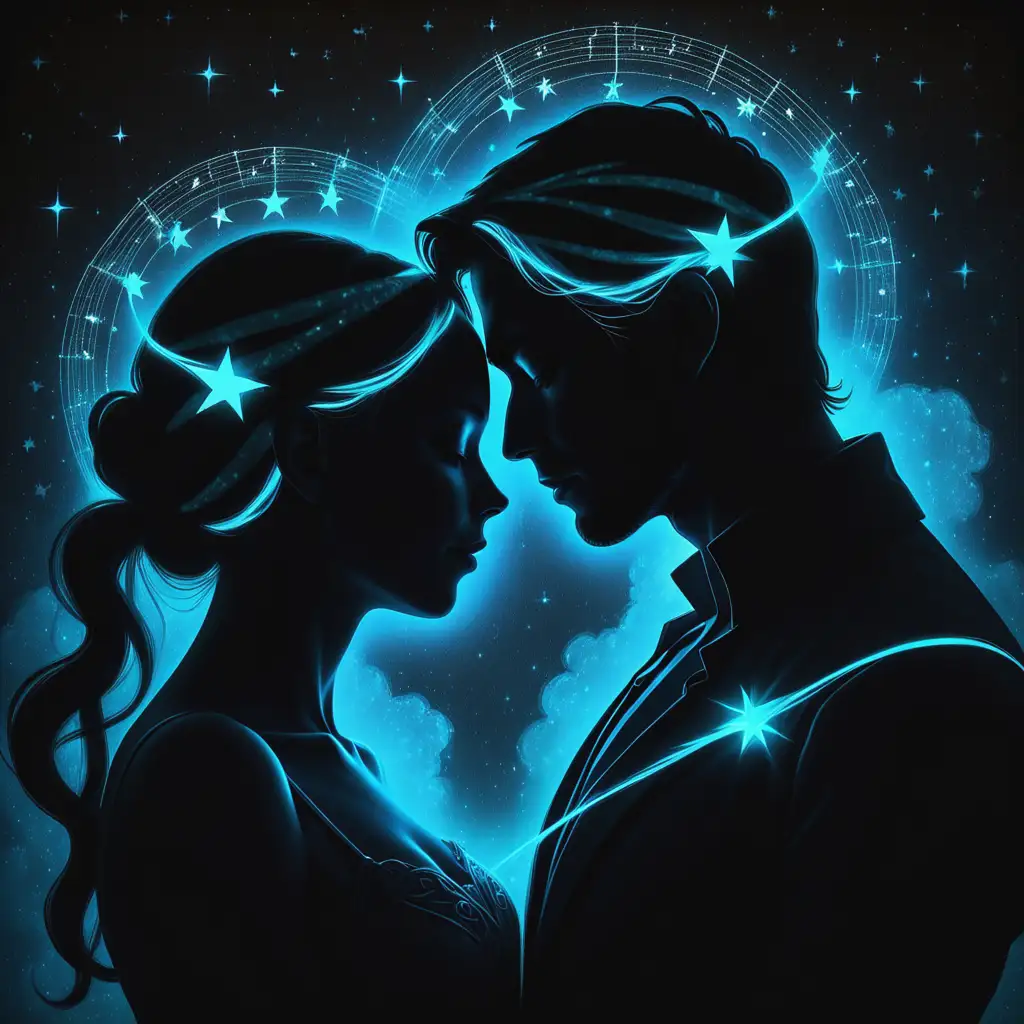 Silhouette of Star Crossed Lovers Touching Foreheads with a Radiant Aura Past Lives