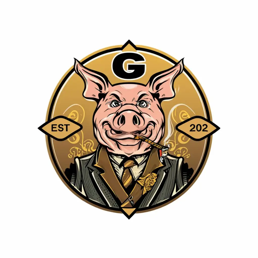 a logo design,with the text "G F", main symbol:A logo showing the face of an happy pig wearing a tie and smoking a sigar like a gentleman.,complex,be used in Entertainment industry,clear background