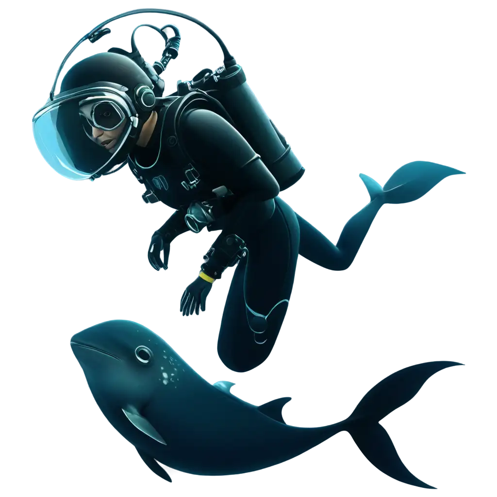 sexy diver wear diving helmet underwater. diver near manta ray. cartoon image
