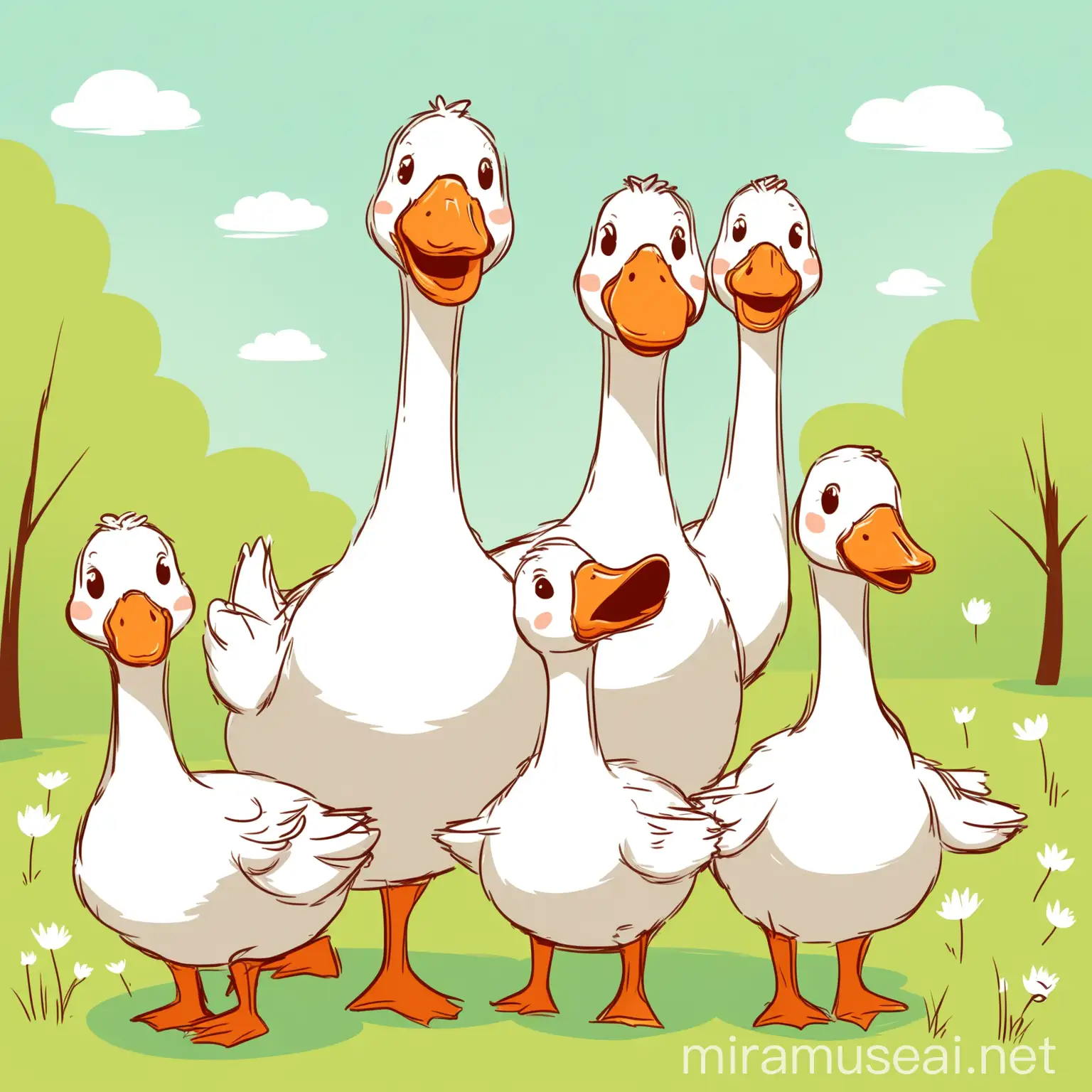 Playful and Happy Group of Geese with Goslings Frolicking Together